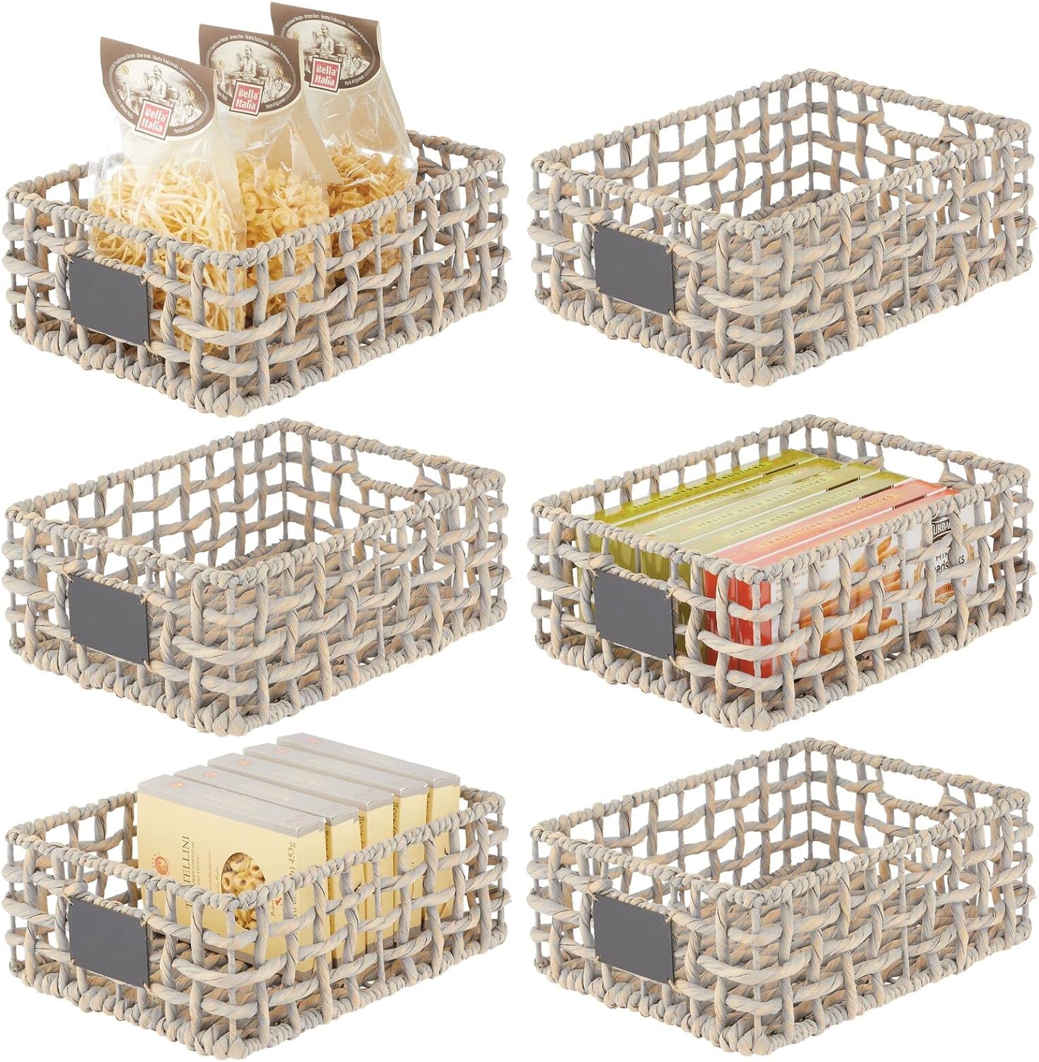 mDesign Hyacinth Open Weave Kitchen Cabinet Pantry Basket with Built-in Chalkboard Label for Organizing Kitchen Pantry, Cabinet, Cupboard, Shelves - Holds Food, Drinks, Snacks, 6 Pack, Gray Wash