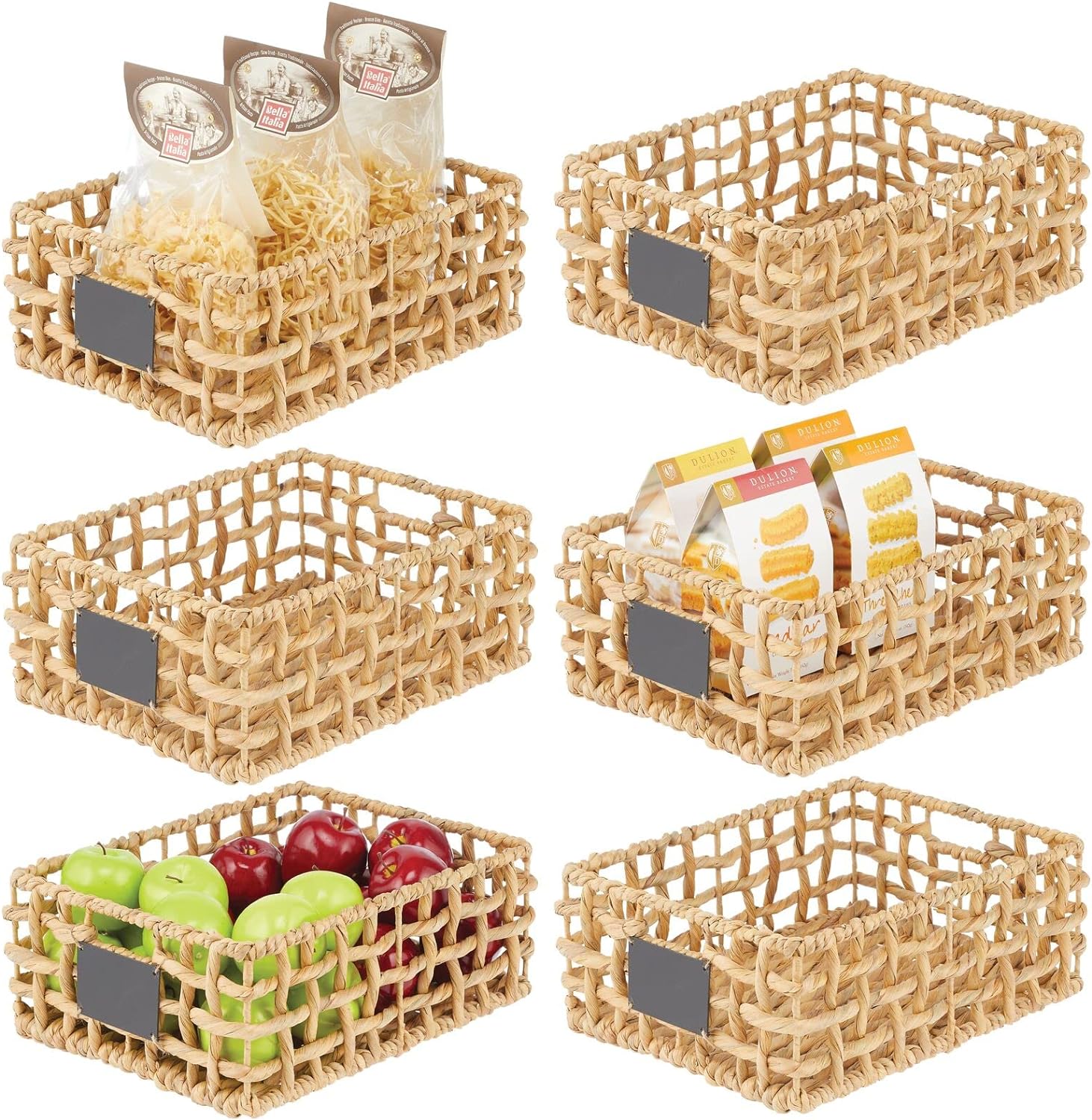 mDesign Hyacinth Open Weave Kitchen Cabinet Pantry Basket with Built-in Chalkboard Label for Organizing Kitchen Pantry, Cabinet, Cupboard, Shelves - Holds Food, Drinks, Snacks, 6 Pack, Natural/Tan