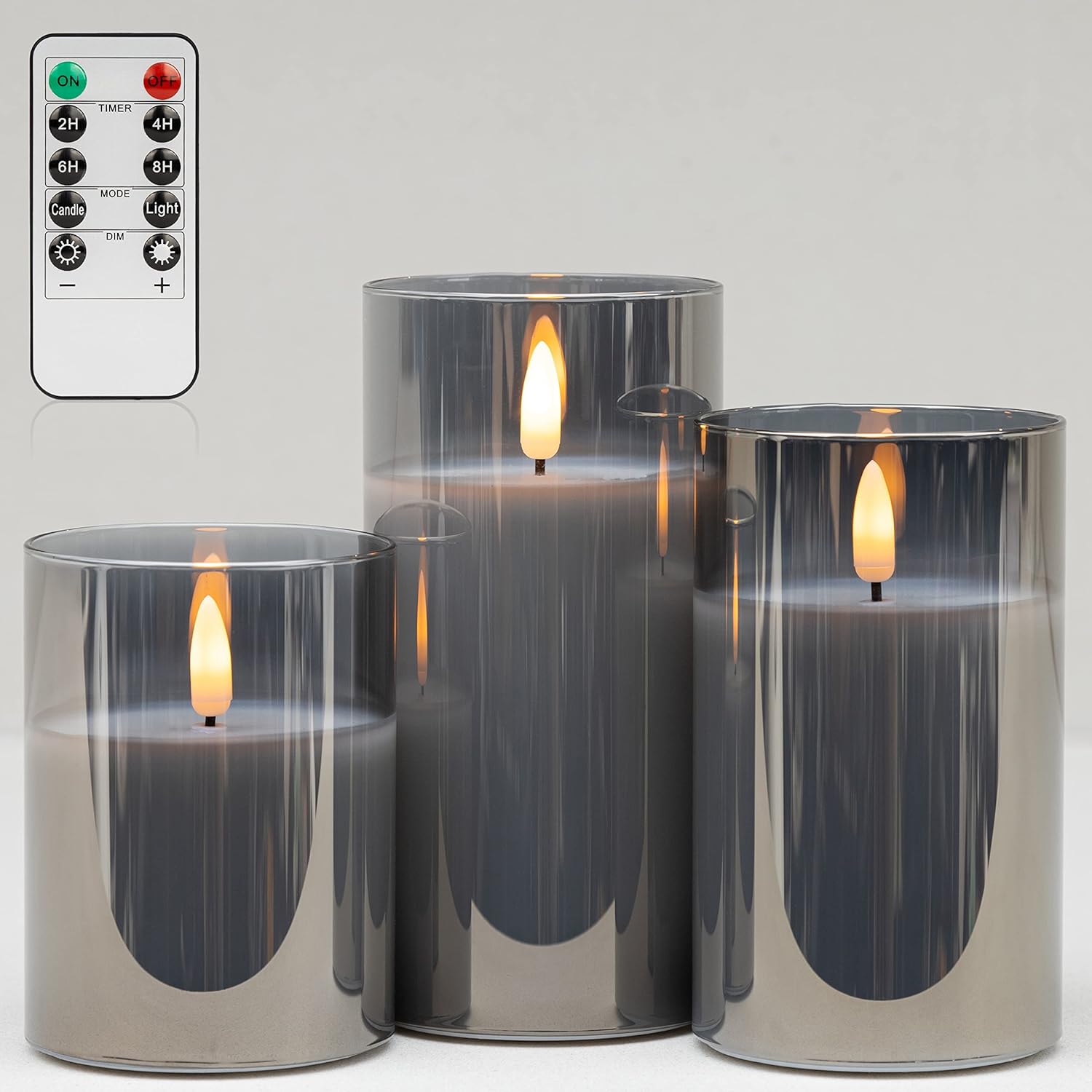 ANGELLOONG Glass Battery Operated Candles, Flickering Flameless Candles with Remote and Timer, LED Electric Pillar Candles for Home Farmhouse Bathroom Decor, Gray