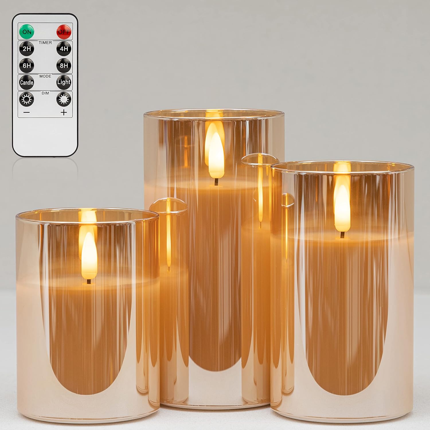 ANGELLOONG Glass Flickering Flameless Candles with Remote, Battery Operated Candles with Timer, Fake LED Pillar Candles for Home Fireplace Mantle Decor, Gold