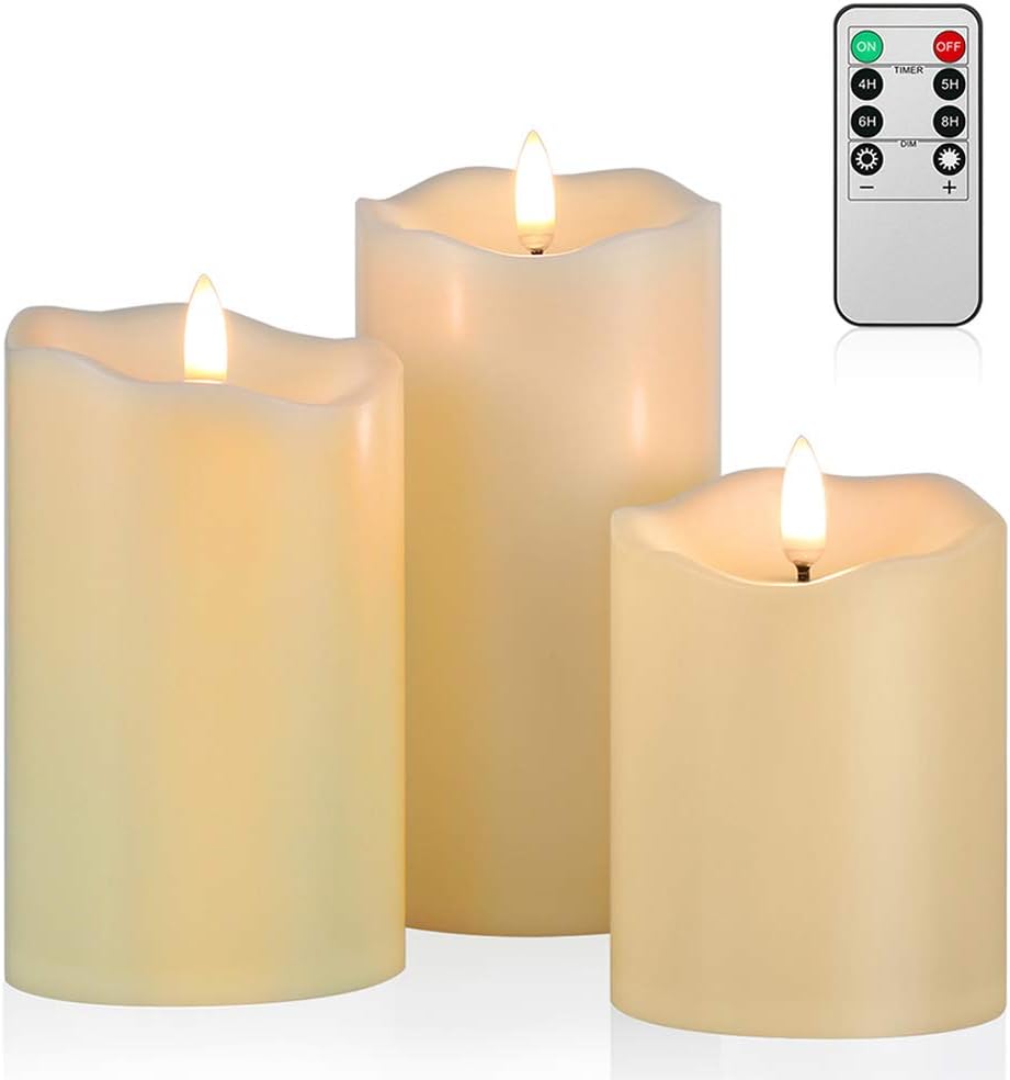 ANGELLOONG Flickering Flameless Candles, Most Realistic LED Candles with Remote and Timer, Set of 3 Battery Operated Candles for Valentines Home Wedding Birthday Decoration