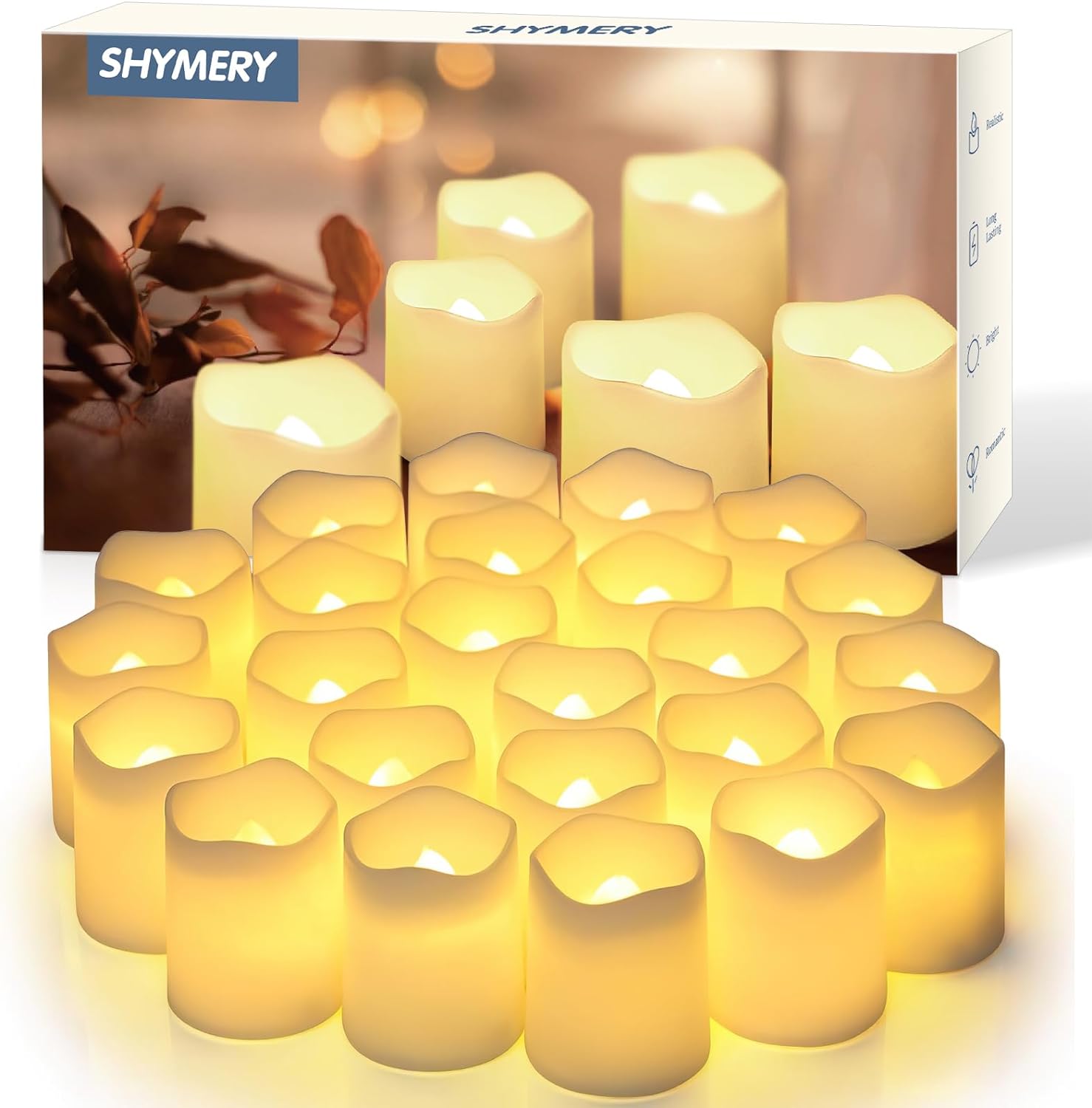 SHYMERY Flameless Votive Candles, Flickering Electric Fake Candle,24 Pack 200+Hour Battery Operated LED Tea Lights in Warm White for Wedding, Table, Festival, Halloween,Christmas Decorations