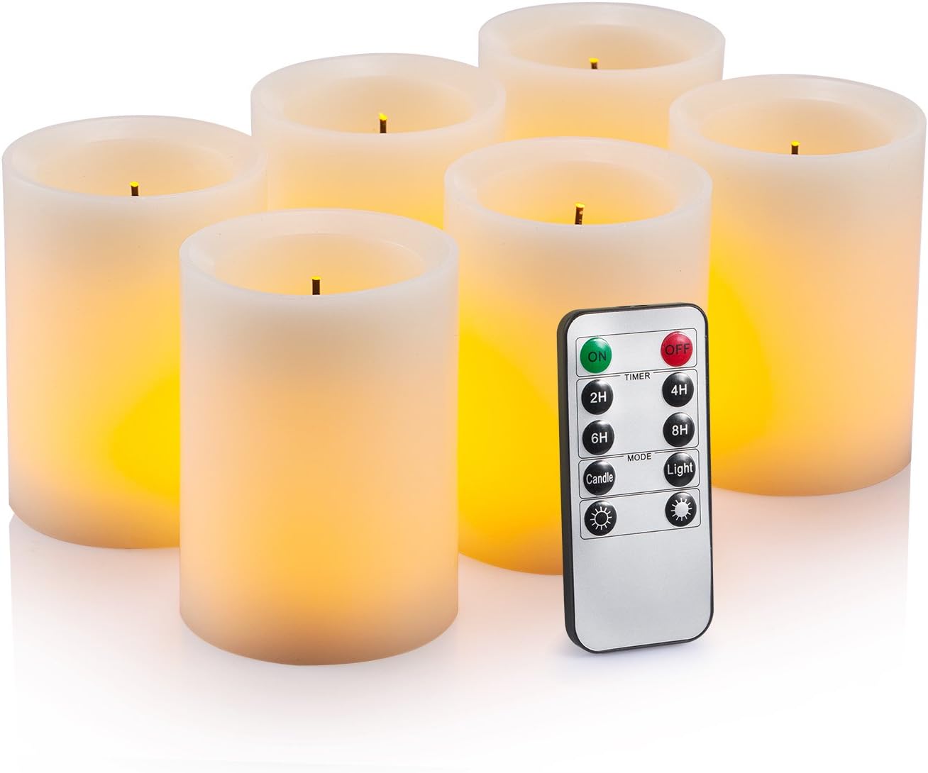 Flameless Flickering LED Candles 3 X 4 with 10-Key Remote Control Timer Classic Pillar Optical Fiber Wick Real Wax Battery Operated Candles, Ivory Color, Set of 6