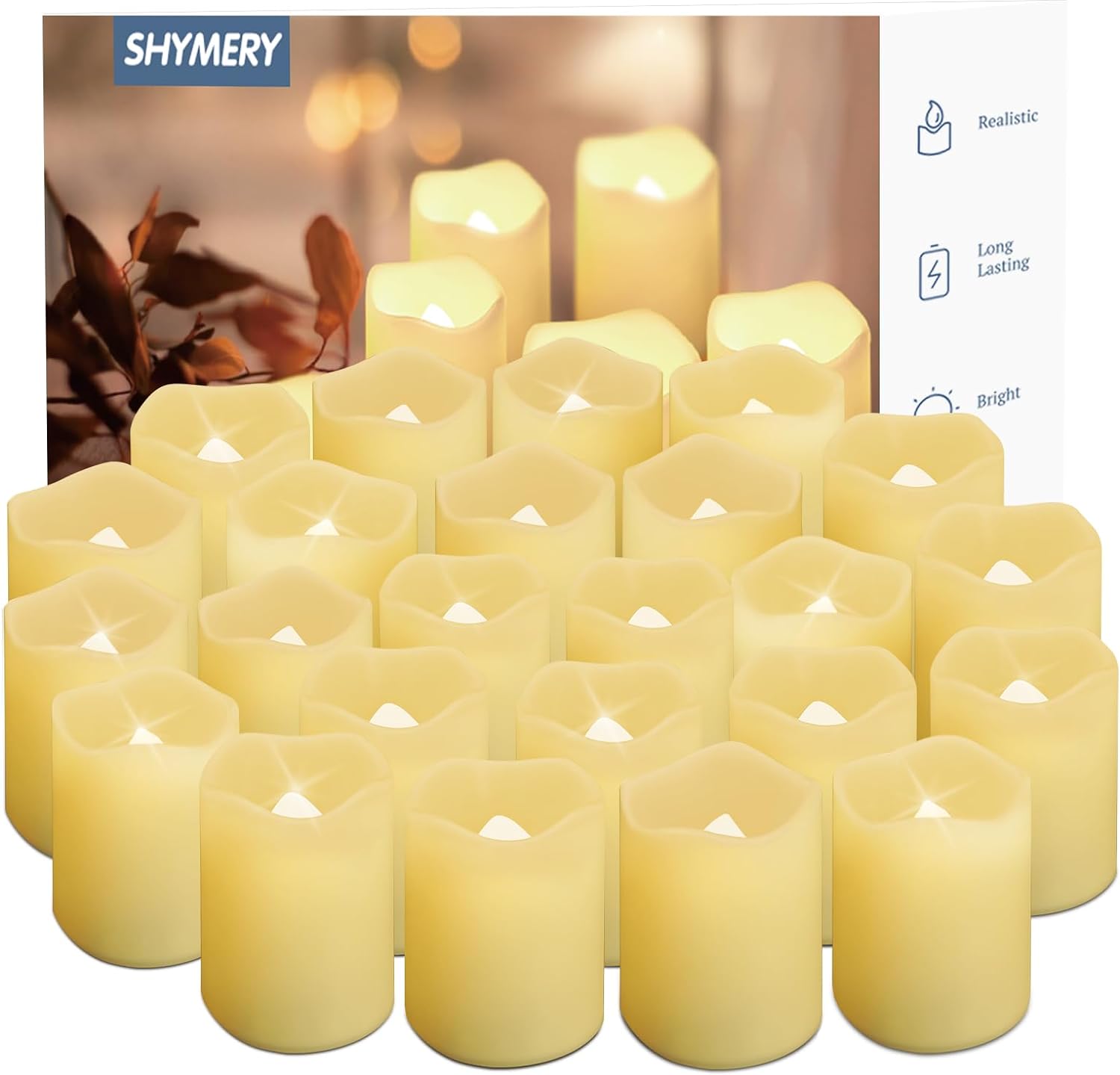 SHYMERY Flickering Flameless Votive Candles with Timer, 24 Pack 15 Days Longer Battery Operated LED Tea Lights in Warm White for Wedding,Table,Festival Celebration,Halloween,Christmas Decorations