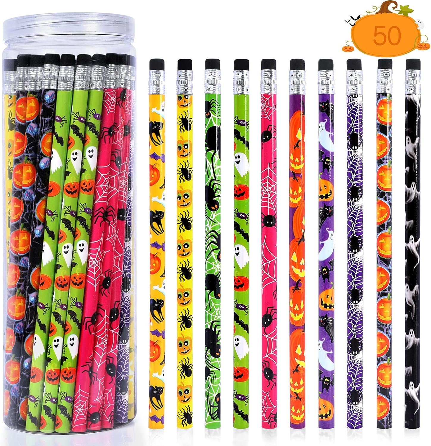 50Pcs Halloween Pencils Colorful Wood Pencils with Erasers Assorted Pattern Pencils for Halloween Party Favors Trick or Treat Halloween Goodies Bags Filler Game Prizes Classroom Rewards for Kids Adult