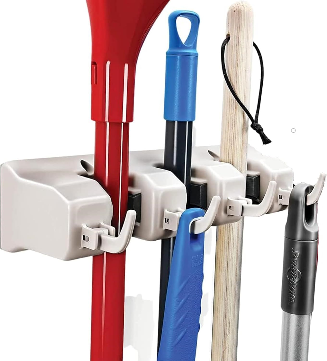 Home-it Mop and Broom Holder - Garage Storage Systems with 3 Slots, 4 Hooks, 7.5lbs Capacity Per Slot - Garden Tool Organizer for 7 Tools - for Home, Kitchen, Closet, Garage, Laundry Room - Off-White