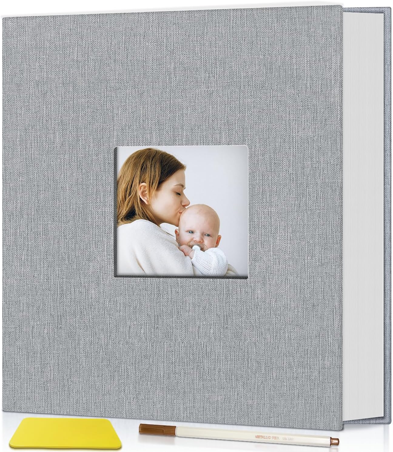 Popotop Photo Album Self Adhesive with Picture Display Window,40 Pages DIY Baby Memory Book for 4x6 8x10 Picture,Linen Cover Scrapbook for Wedding,with Scraper and Metallic Pen