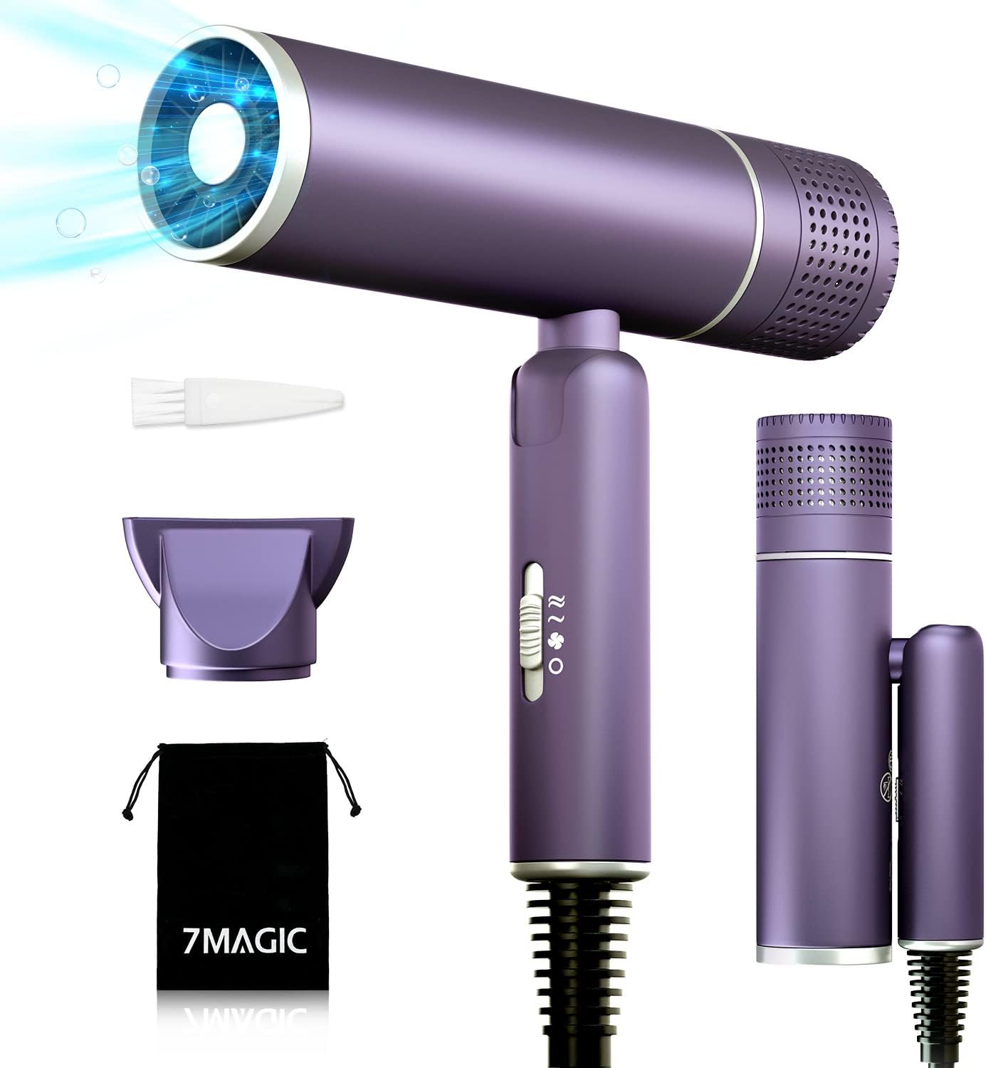 7MAGIC Foldable Hair Dryer, Powerful Ionic Blow Dryer for Fast Drying, Travel Hair Blow Dryer with Storage Bag, Lightweight Portable Hairdryer for Women, Cold/2 Heating/2 Speed Settings, Purple