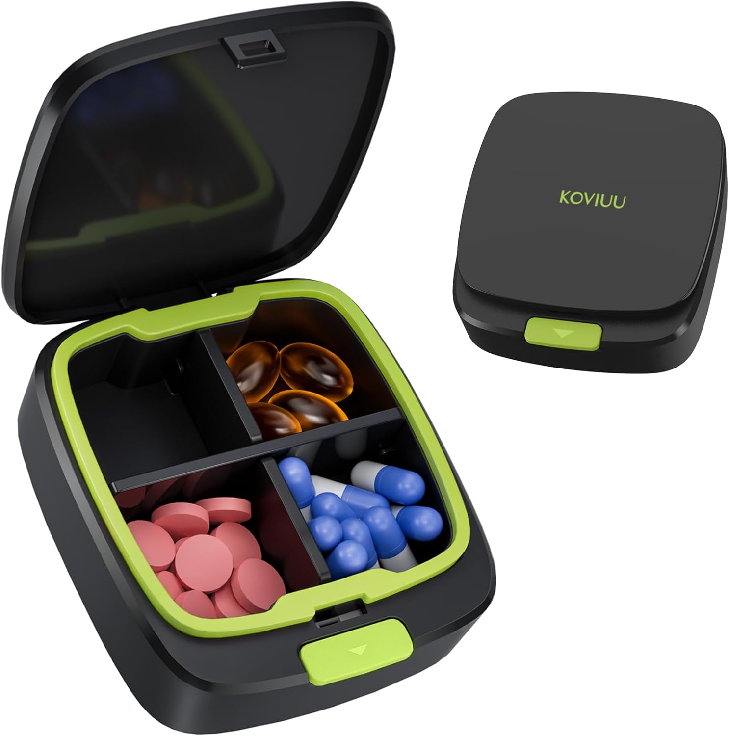 Daily Pill Box 4 Times a Day, Travel Pill Organizer 4 Compartments, Small Pill Case, Removable Compact Pillbox, Portable Pill Container Holder for Purse, Pocket, Green