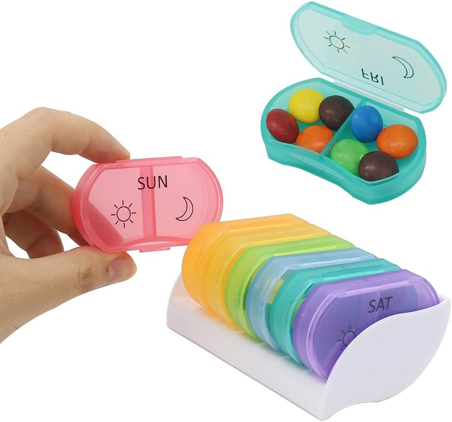 HRX Package Little Daily Pill Box Case AM PM for 7 Day, Small Pocket Purse Pills Holder, Cute Drug Organizer Container 2 Times a Day