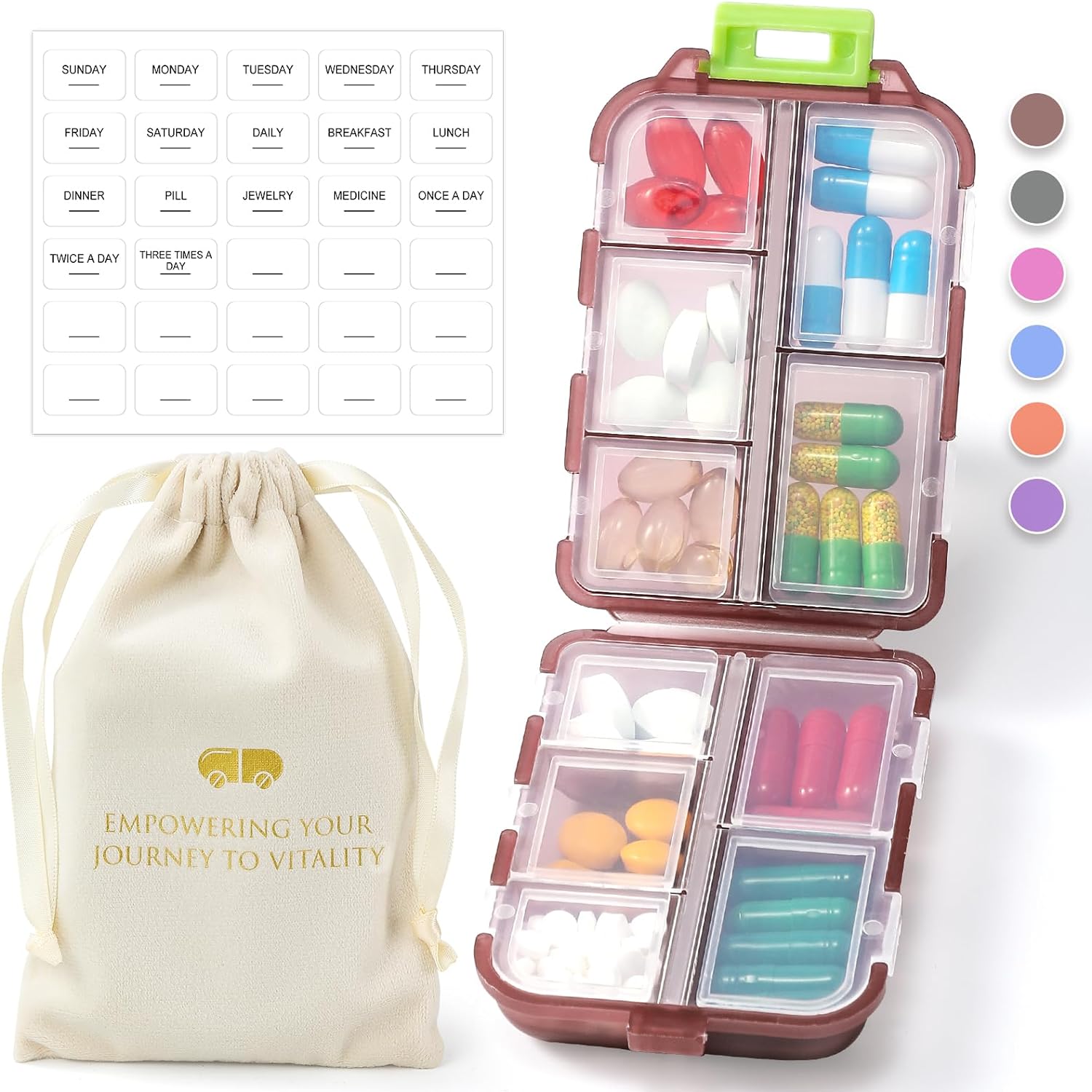 1 Pack Travel Pill Organizer w Labels & 1 Drawstring Pouch, Small 10 Compartments Pocket Pharmacy, Handy Pill Holder Box - Portable Medicine Container Case - Daily Weekly Medication Organizer - Brown