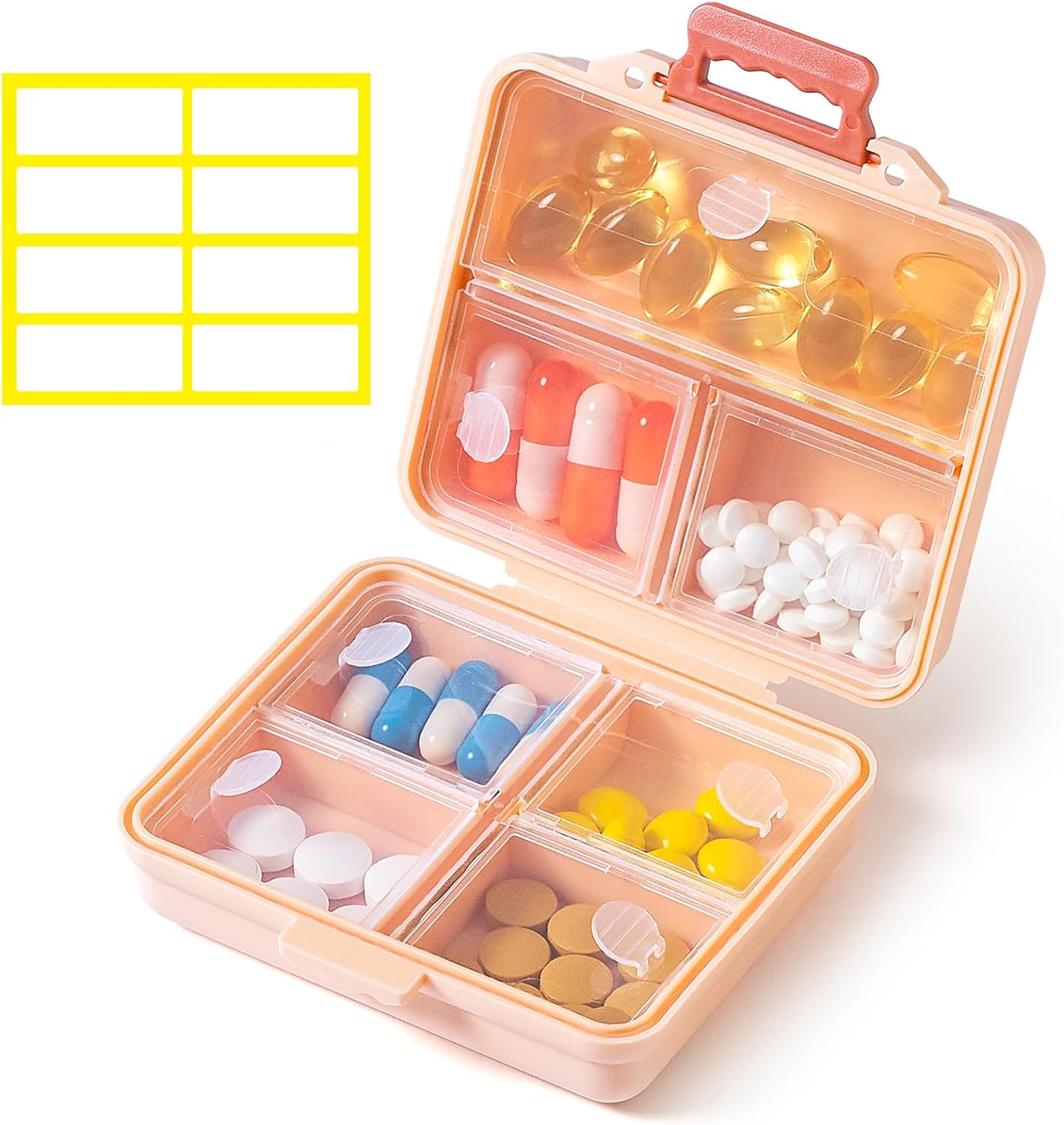 1 Pack Travel Pill Organizer,Portable Daily Pill Box,7 Grid Compartments Weekly Pill Case with Lables,Mini Medicine Organizer Box,Compact Pocket Pharmacy for Purse Vitamin Fish Oil Container (Pink)