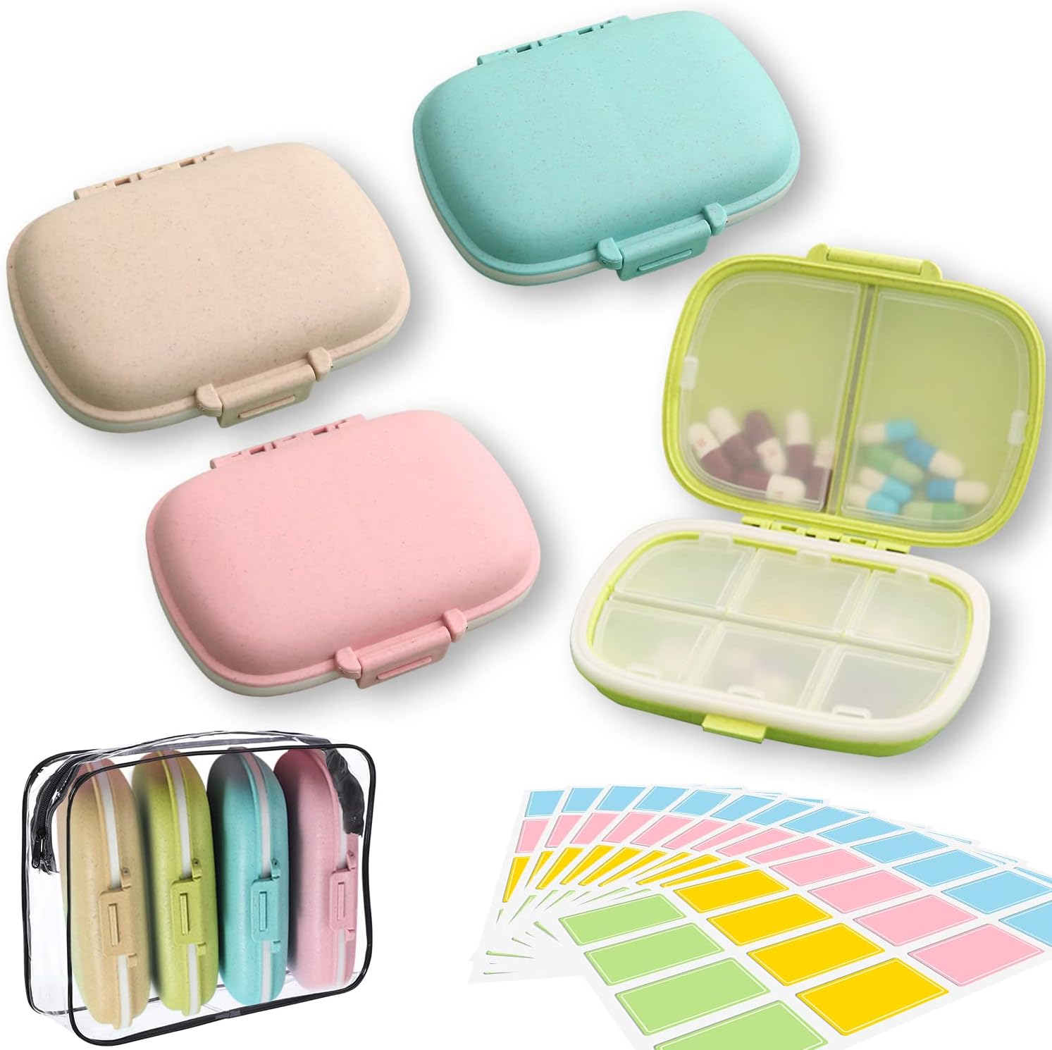 4 Pack Travel Pill Organizer,8 Compartments Weekly Pill Box Moisture Proof Small Pill Case for Pocket Purse Daily Portable Medicine Vitamin Holder ContainerBlue+Green+Khaki+Pink