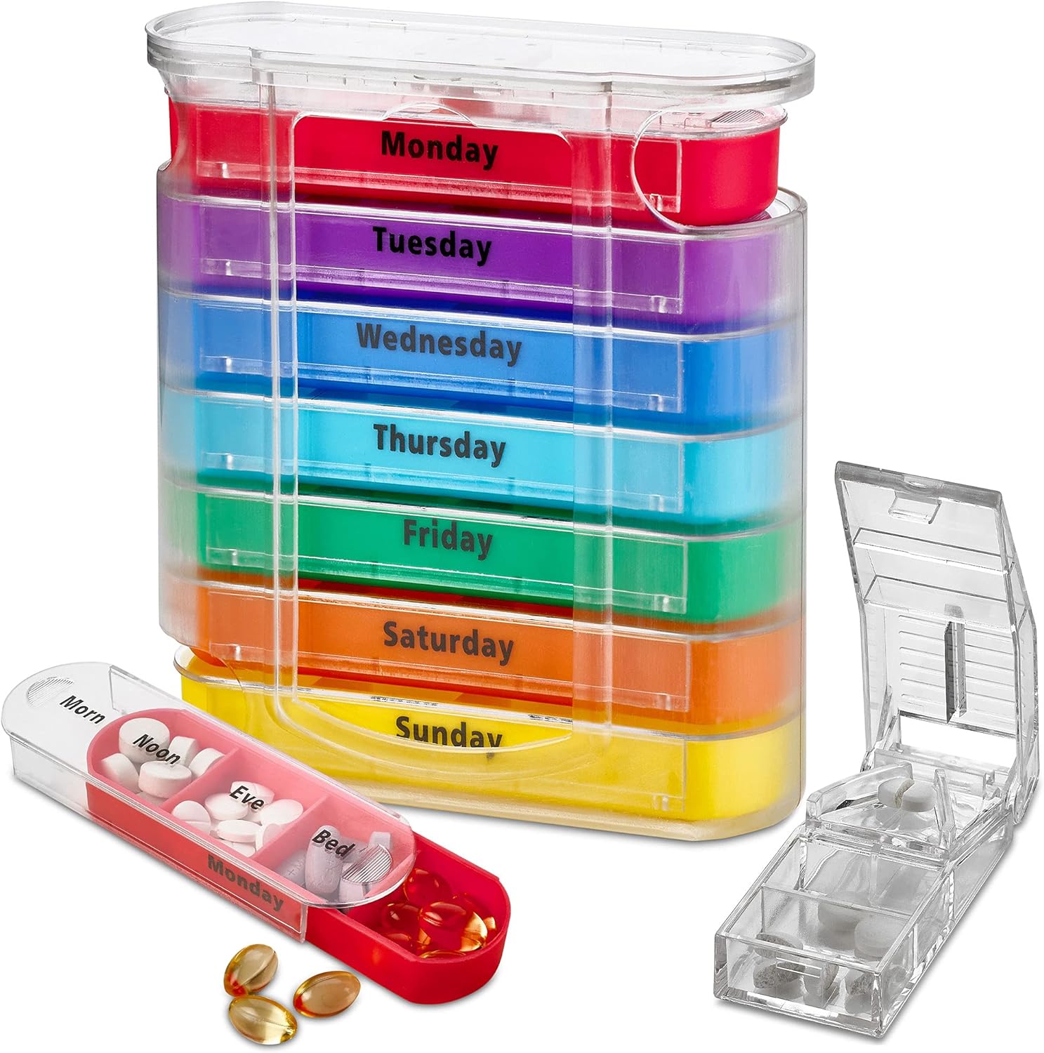 Weekly Pill Organizer with Pill Cutter - V-Grip Pill Splitter Stackable Pill Medicine, Vitamin Organizer with 4 Times-a-Day Daily Compartments, Pill Reminder with Stackable AM/PM Boxes