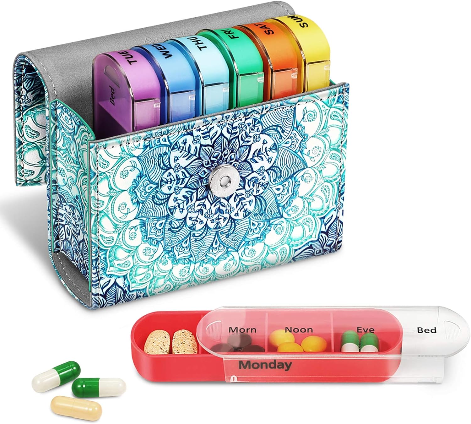 FINPAC Weekly Pill Organizers 4 Times A Day, Slide Open PU Leather Case Travel Pill Vitamin Medicine Reminder and Planner with Name Card for Morning| Afternoon| Evening| Bedtime (Emerald Illusions)