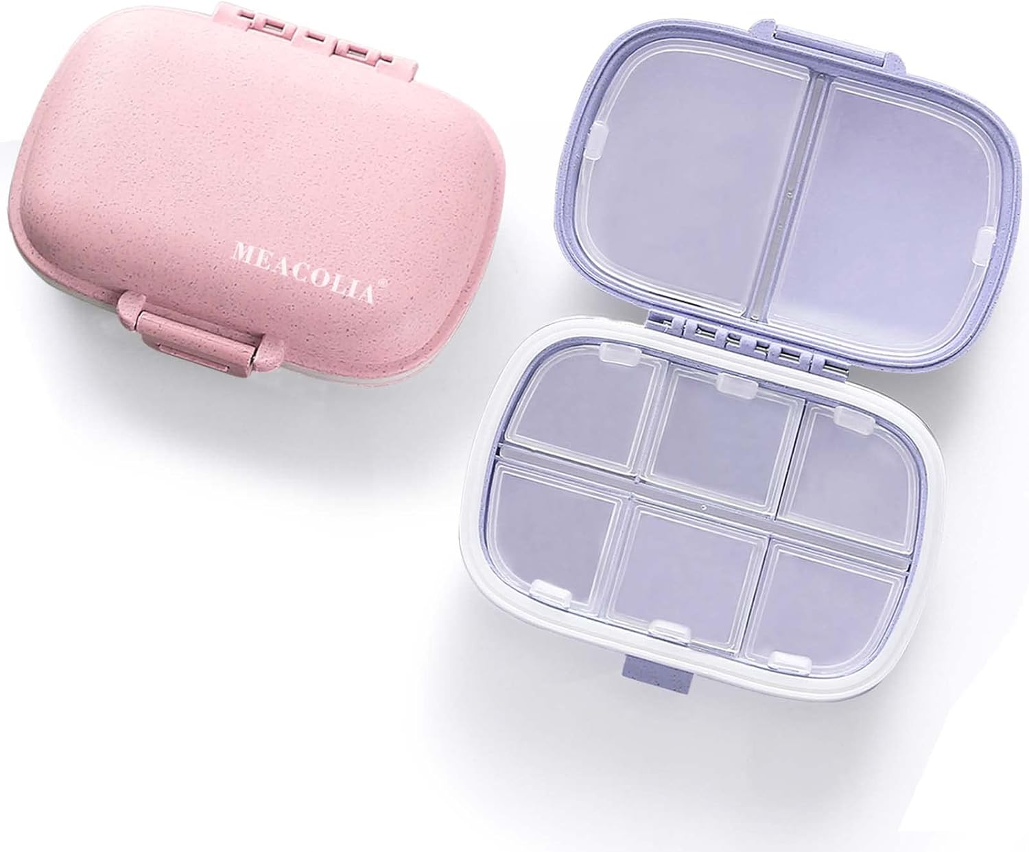 MEACOLIA 2 Pack 8 Compartments Travel Pill Organizer Box Moisture Proof Small Pill Case for Pocket Purse Daily Pill Holder Container for Medicine Vitamin (Purple & Pink)