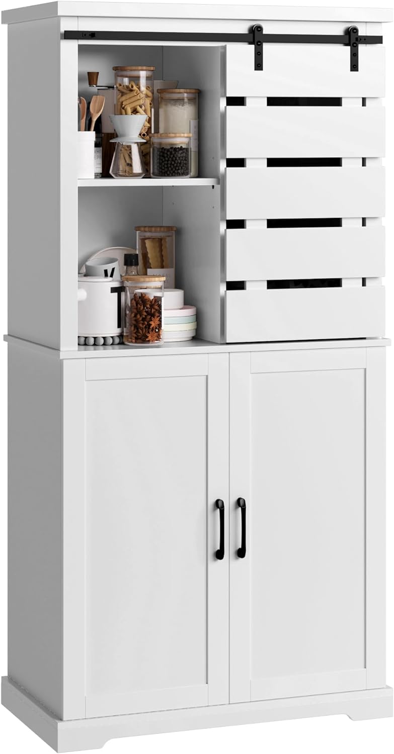 Kitchen Pantry Cabinet, Kitchen Storage Cabinet with Sliding Barn Door and Adjustable Shelves, Tall Freestanding Cupboard for Dining Room, Living Room, Laundry, White