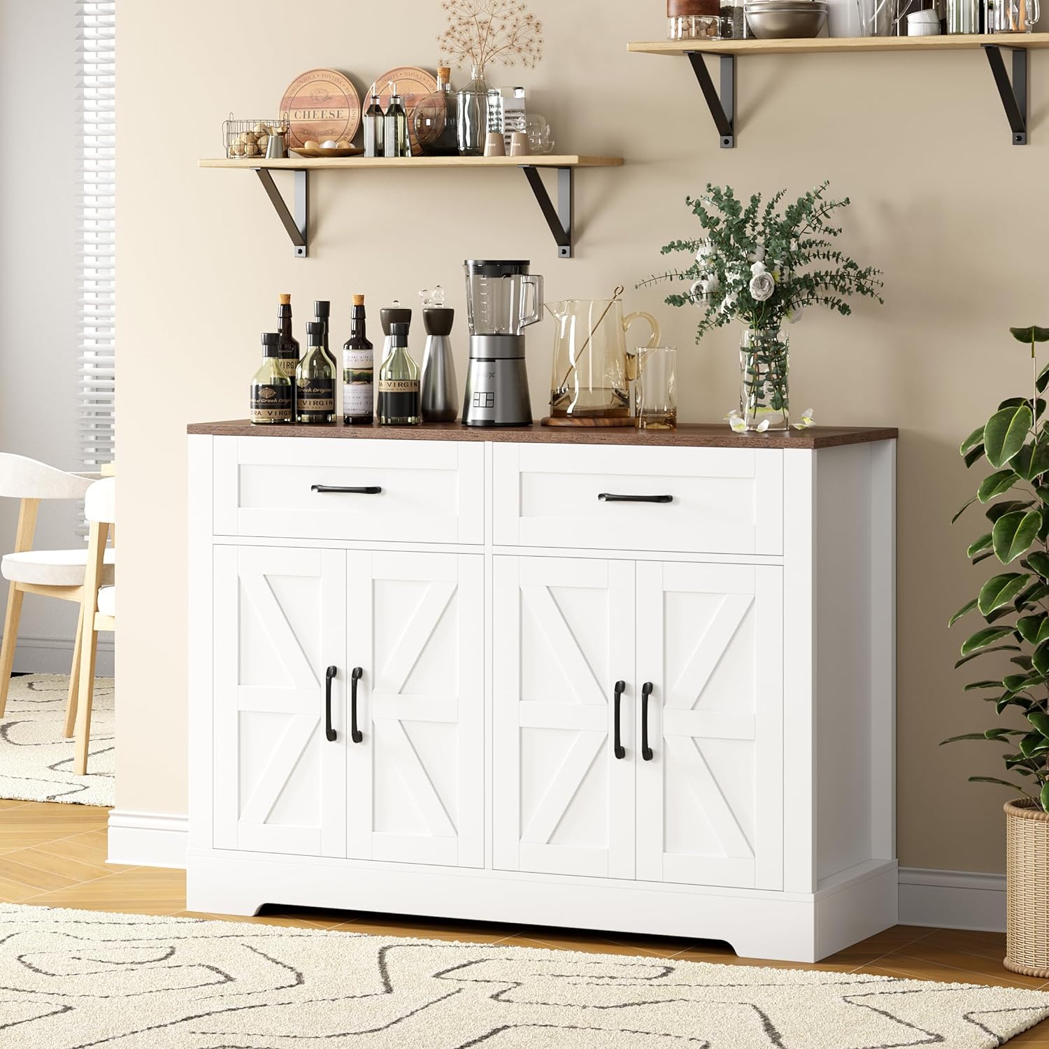 Farmhouse Buffet Cabinet with Storage, 47.2 Storage Cabinet with Drawers, Barn Doors, Sideboard, Bar Cabinet for Kitchen, Dining Room, Hallway, White