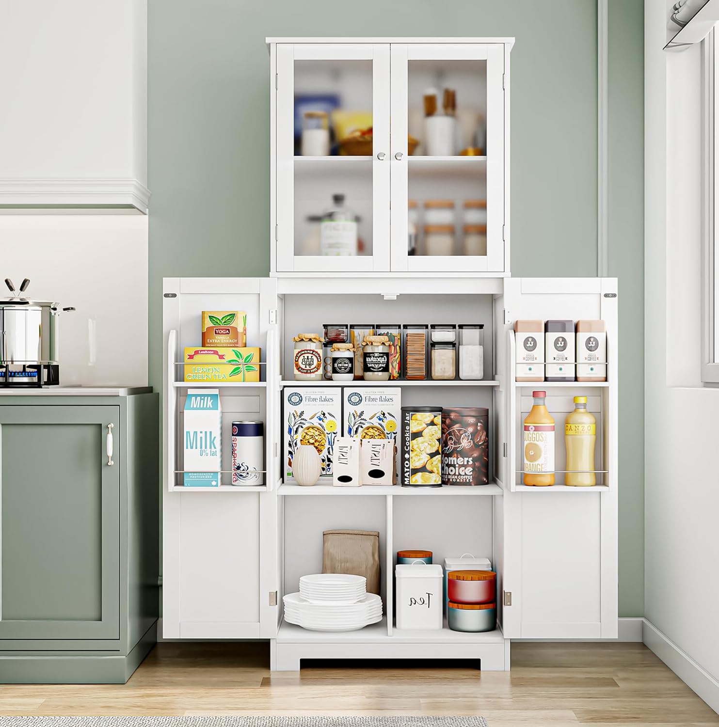 67 Kitchen Pantry Cabinet, Tall Storage Cabinet with Glass Doors and Shelves, Modern Food Pantry Cabinet Cupboard White for Kitchen, Dining Room, Home bar