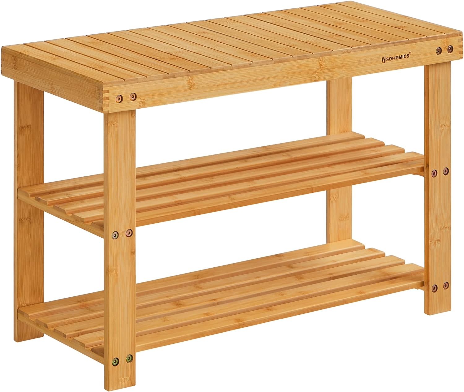 SONGMICS Shoe Rack Bench, 3-Tier Bamboo Shoe Storage Organizer, 11.3 x 27.6 x 17.8 Inches, Natural ULBS04N