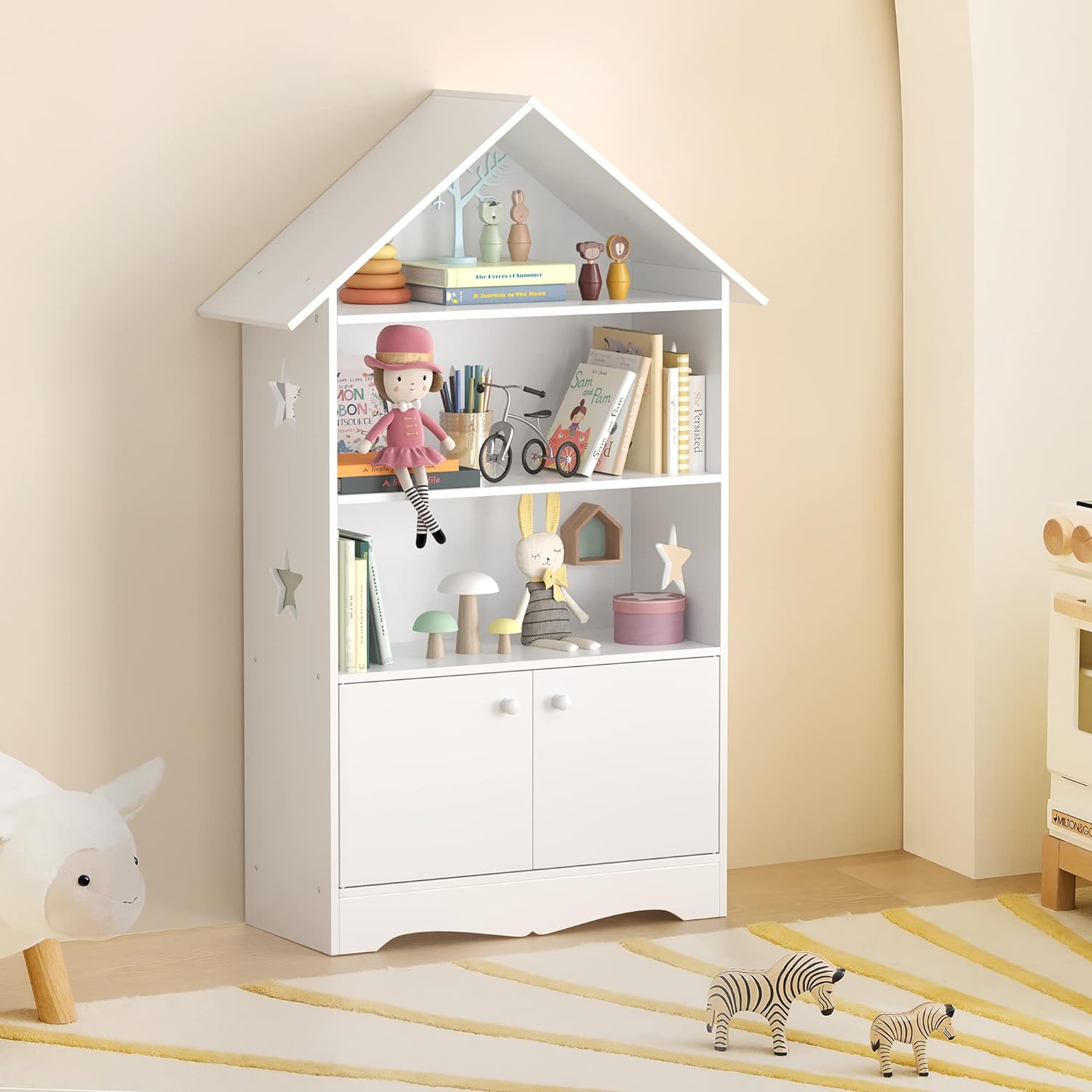 Kids Dollhouse Bookshelf, Large Wooden Kids Bookshelf and Toy Storage with Doors, 3-Tier Open Display Organizer and 1-Tier Hidden Storage Dollhouse Bookcase Gift for Ages 3-7, White