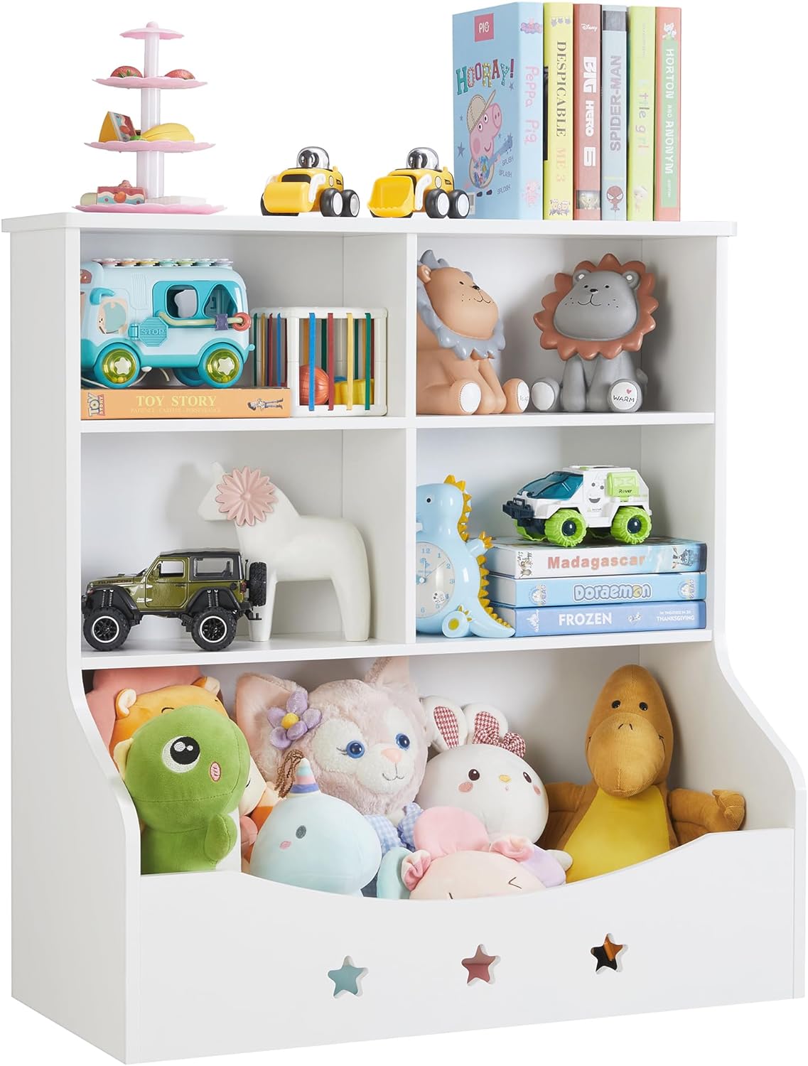 Kids Toy Storage Organizer, Children Multi-Functional Bookcase and Bookshelf, Toddler 5 Cubby Toy Storage Cabinet, Toy Shelf for Playroom, Bedroom, Living Room, Nursery, School (White)