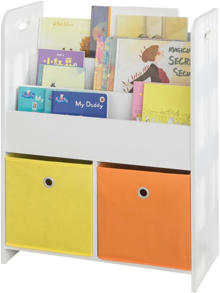 Haotian KMB27-W, Children Kids Bookcase Book Shelf Storage Display Rack Organizer Holder with Fabric Drawers