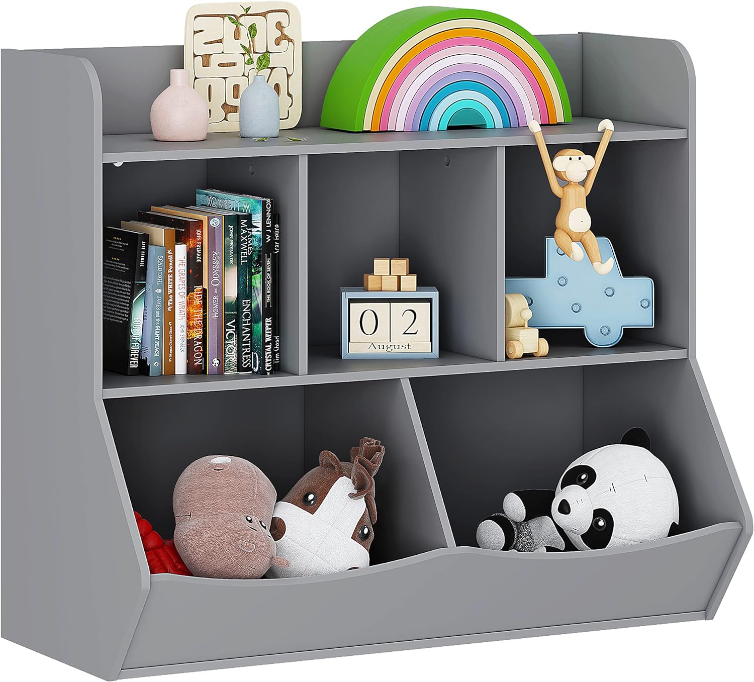 UTEX Toy Storage Organizer with Bookcase, Kids Multi Shelf Cubby for Books,Toys, Storage Organizer for Boys,Girls Play Room/Bedroom-Gray