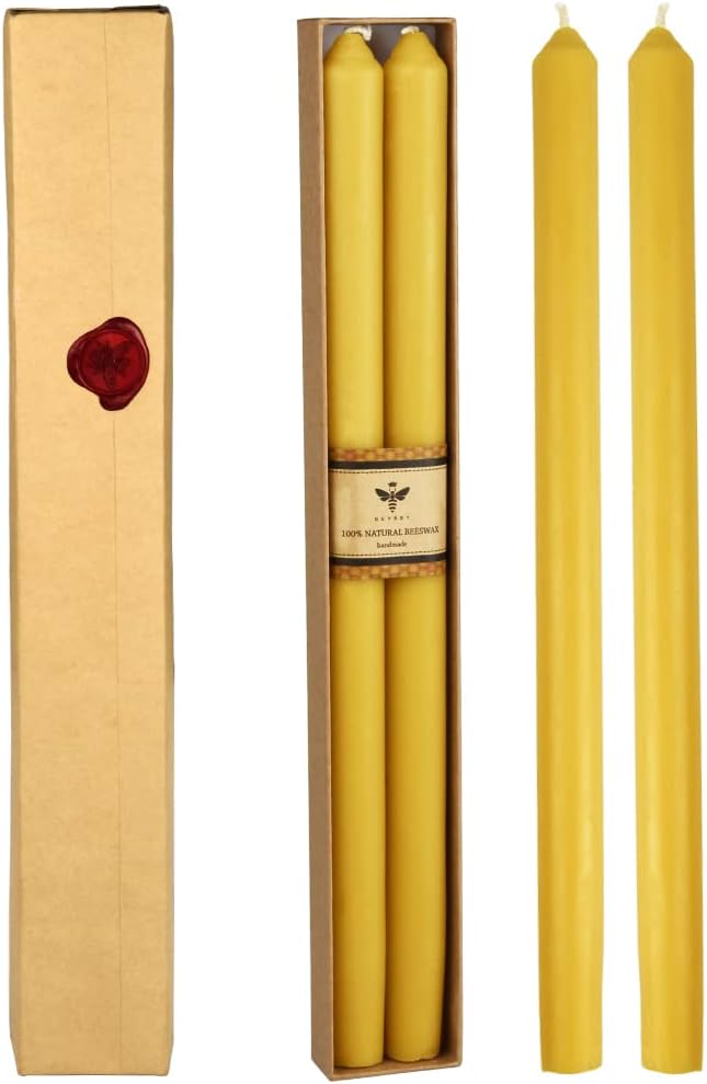 Pure Beeswax Taper Candles Set 16 - Long Tall Dripless Smokeless Church Candle, 16 Hours Burning(2 Pack)