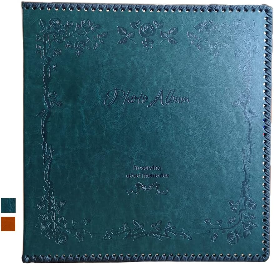 Photo Album Self Adhesive Pages, Large Self-Stick Page Picture Album Leather Vintage Inspired Cover, Hand Made DIY Albums Holds 3X5, 4X6, 5X7, 6X8, 8X10 Photos (11.6x10.8 40pgs, DarkGreen)