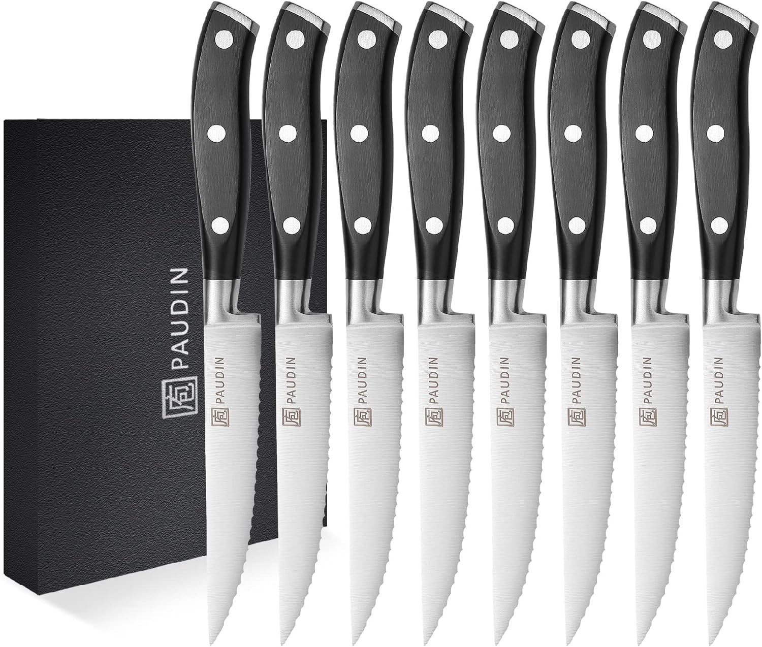 PAUDIN Steak Knives Set of 8, Steak Knives 4.5 Inch, High Carbon Stainless Steel Serrated Steak Knife Set with Full Tang Forged Blade & ABS Handle, Dinner Knives Black