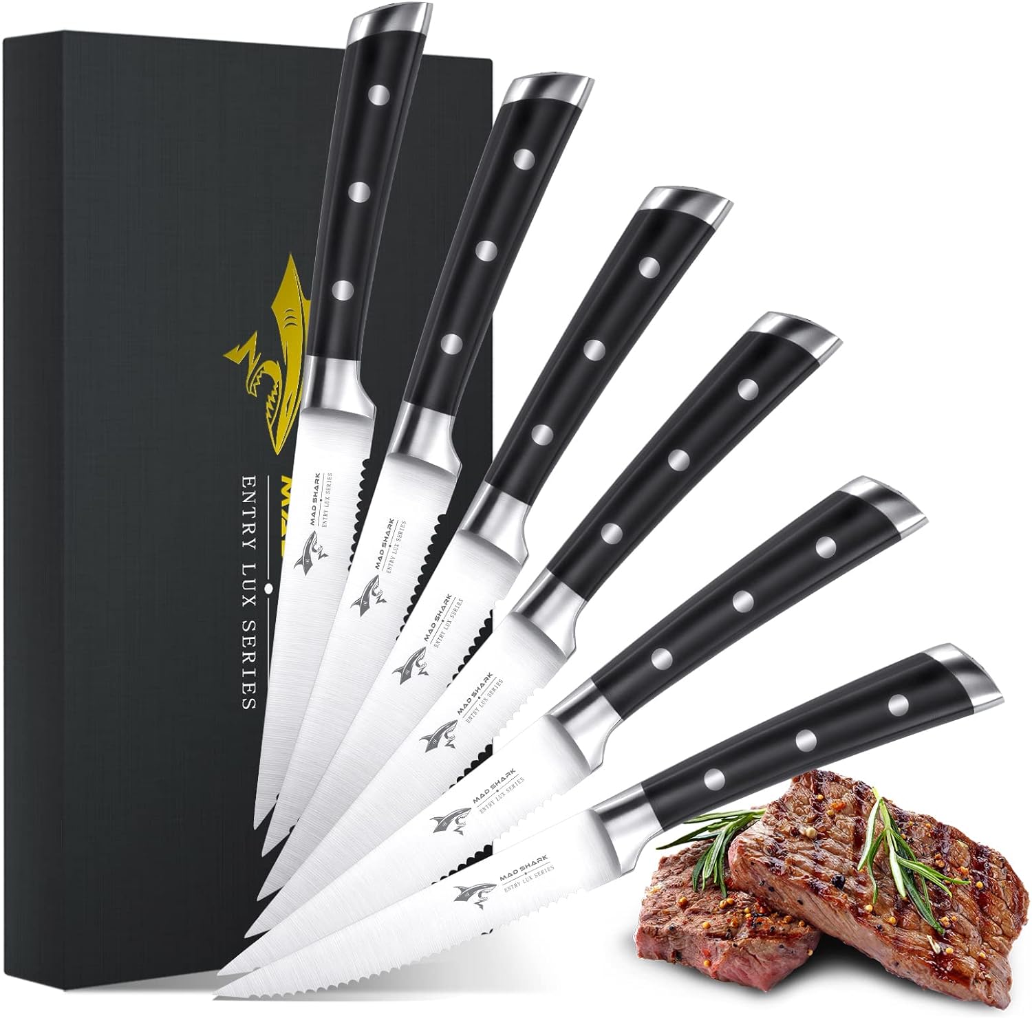 Steak Knives Set of 6, Premium 4.5-inch Serrated Steak Knife Set, Ultra Sharp German High Carbon Stainless Steel Triple Rivet Collection 6-Piece Kitchen Steak Knife Set with Gift Box