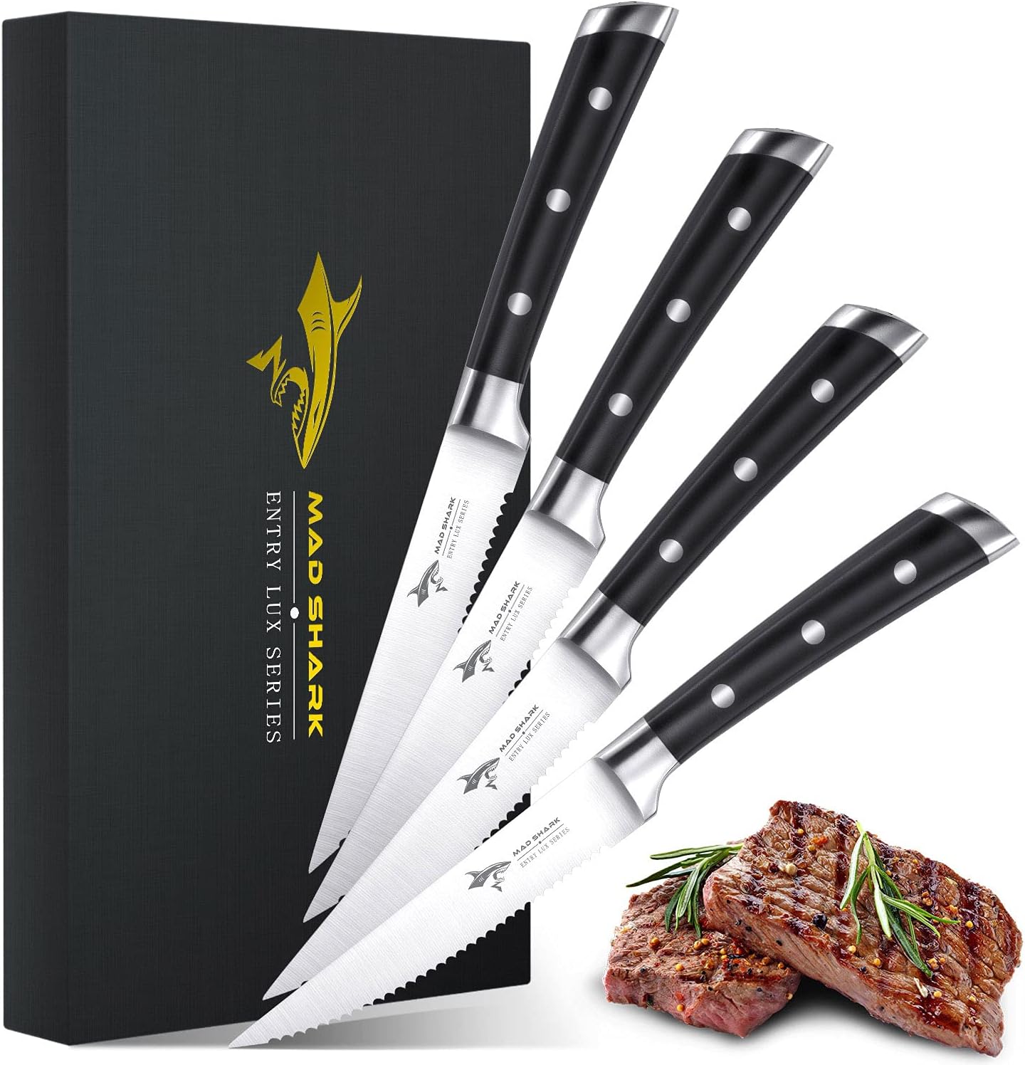 Steak Knives Set of 4, Premium 4.5-inch Serrated Steak Knife Set, Ultra Sharp German High Carbon Stainless Steel Triple Rivet Collection 4-Piece Kitchen Steak Knife Set with Gift Box