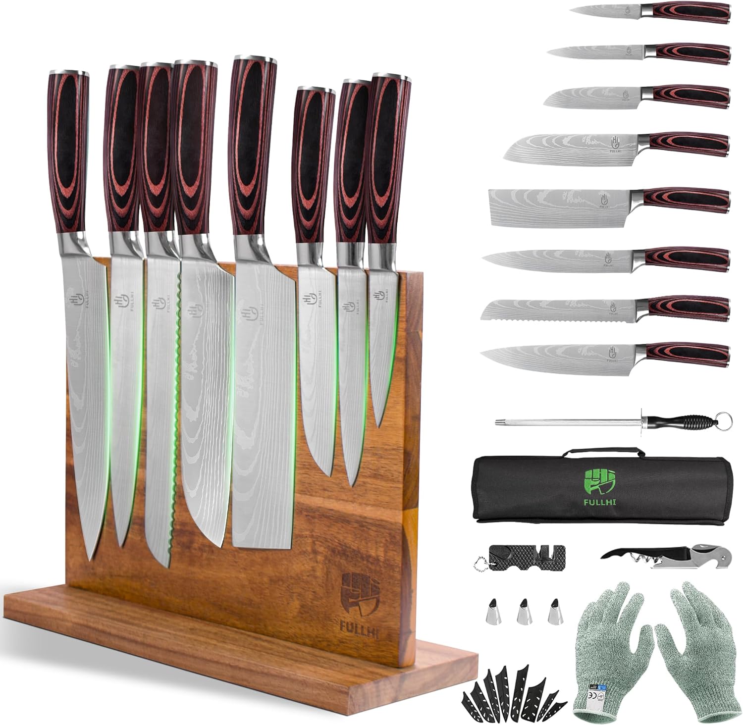 FULLHI 15pcs Japanese Knife Set with Magnetic Knife Block Holder, Premium German Stainless Steel Kitchen Knife Set