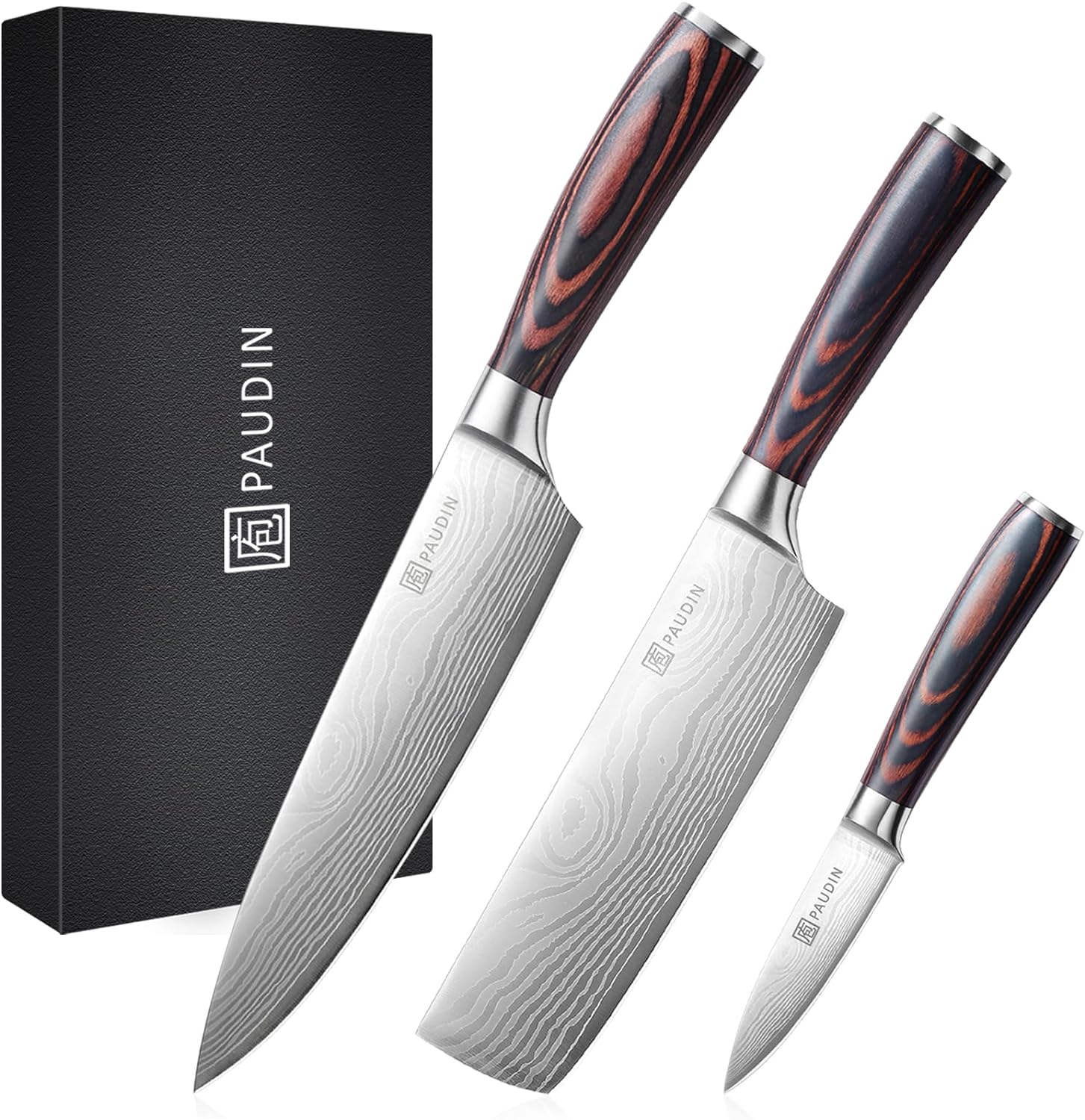 PAUDIN Kitchen Knife Set, 3 Piece High Carbon Stainless Steel Professional Chef Knife Set with Ultra Sharp Blade & Wooden Handle (Kitchen Knife Set 3 Pcs)