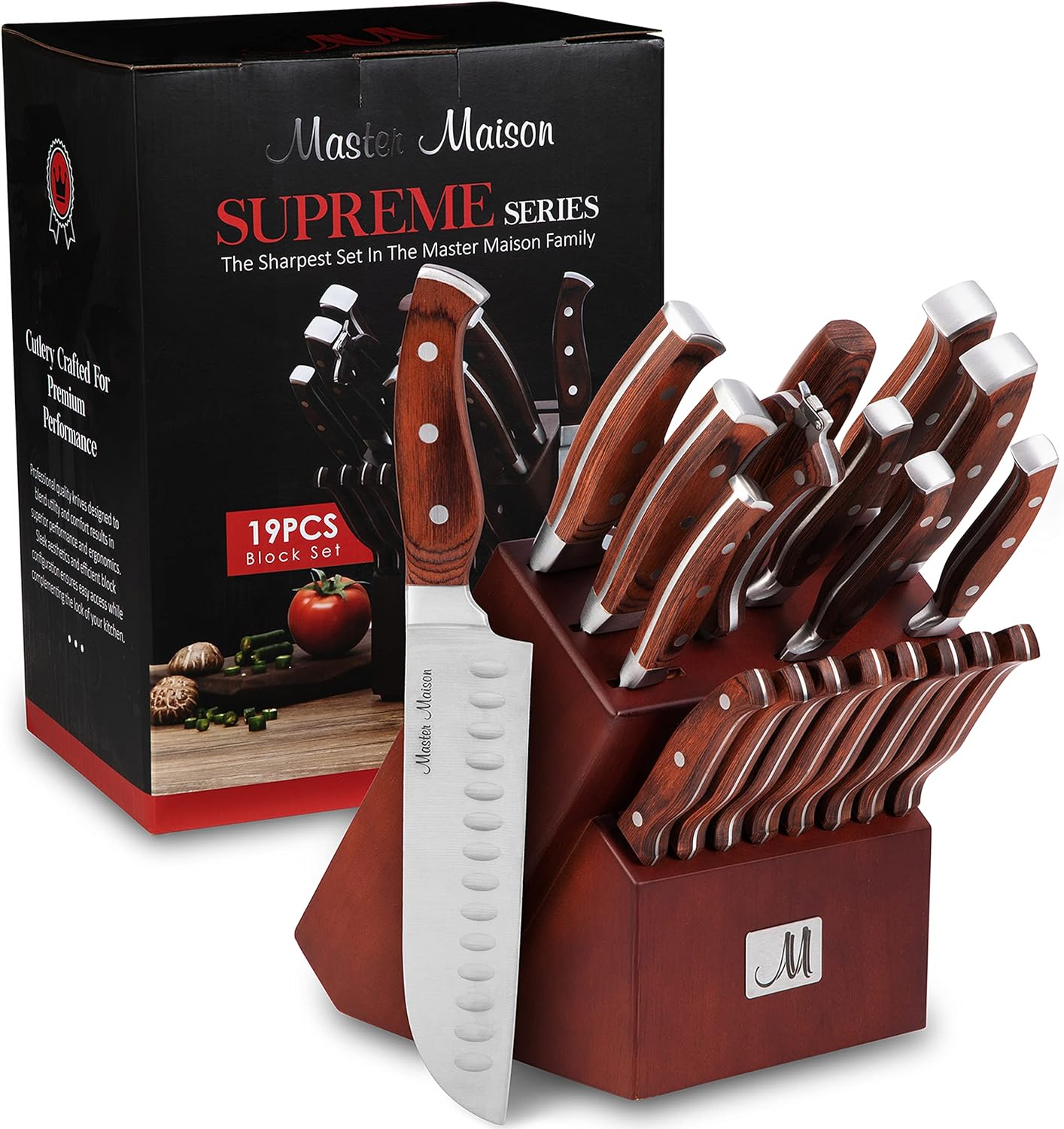 19-Piece Kitchen Knives Set with Block - German Forged Stainless Steel with Wooden Block, Professional Use, Paring, Chef, Carving & 8 Steak Knives, Knife Sharpener & Shears