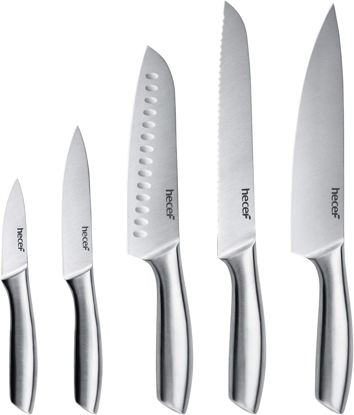 hecef Silver Kitchen knife set of 5, Satin Finish Blade with Hollow Handle, includes 8 Chef, 8 Bread, 8 Santoku, 5 Utility and 3.5 paring knife