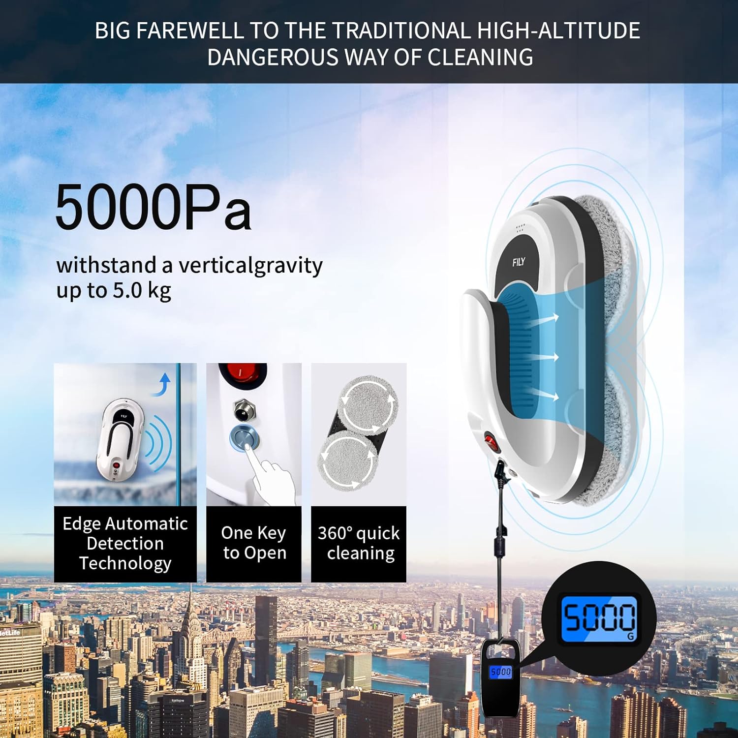 S1PRO Window Cleaner Robot, 5000PA Strong Suction Smart Window Cleaner with One Key Start Function, Control by Remote Control, Window Cleaner Tool for Indoor Outdoor High Windows Glass/Tiles