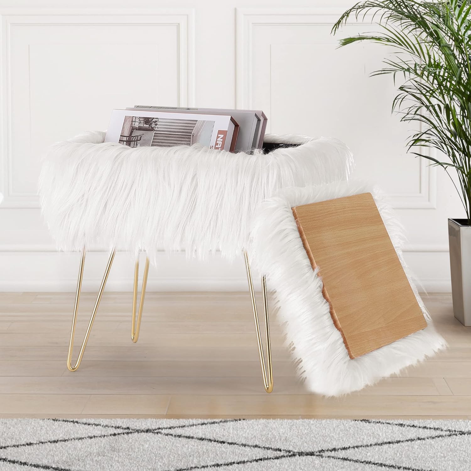 Vanity Stool Faux Fur Ottoman Cute Rectangle Faux Fur Chair with Storage, Fuzzy Bench Fluffy Footrest, for Girls Up to 330 LBS, for Makeup Room Bedroom, with Metal Legs, White