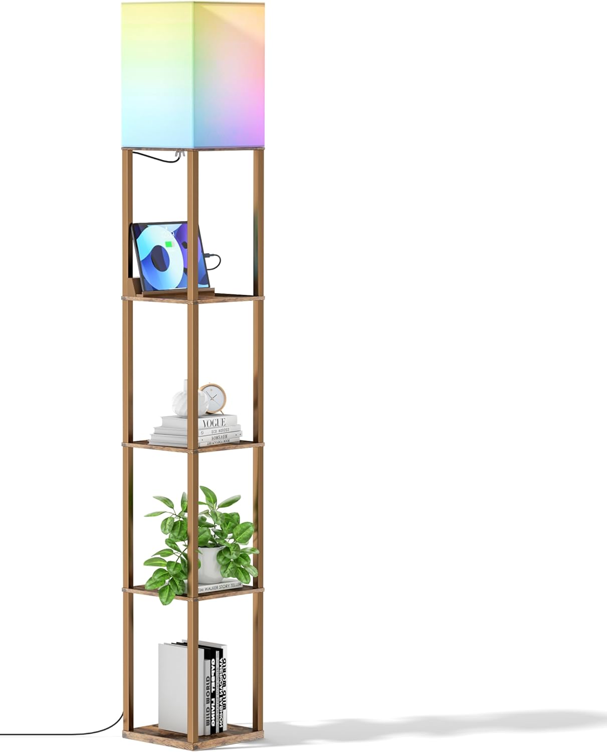 sympa Floor Lamp with Shelves, 5-Tier Modern Shelf Floor Lamp with RGB Bulb, Floor Lamps for Living Room Bright Lighting, Tall Standing Lamp with 3 Charging USB Ports for Bedroom, Office, Brown