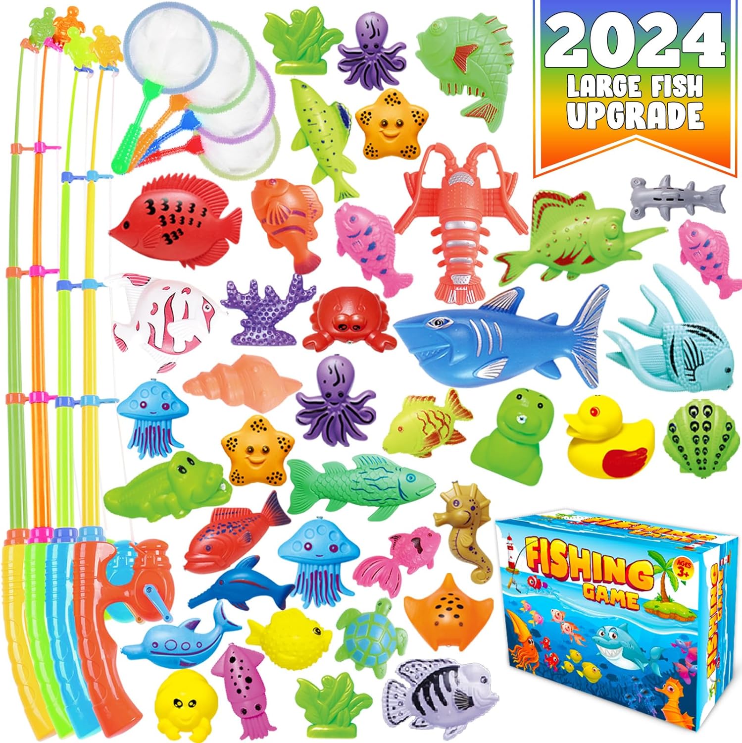 CozyBomB Magnetic Fishing Toys Game Set for Kids | Water Table Bathtub Kiddie Pool Party with Pole Rod Net, Plastic Floating Fish-Toddler Color Ocean Sea Animals Age 3 4 5 6 Year FishingToy