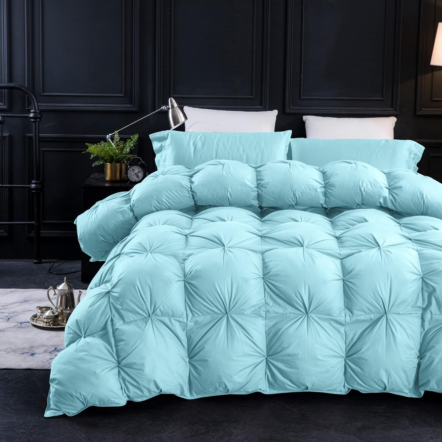 Three Geese Pinch Pleat Goose Feathers Down Comforter King Size Duvet Insert,750  Fill Power,1200TC 100% Cotton Fabric,Premium Aqua Sky Comforter for All Seasons with 8 Tabs