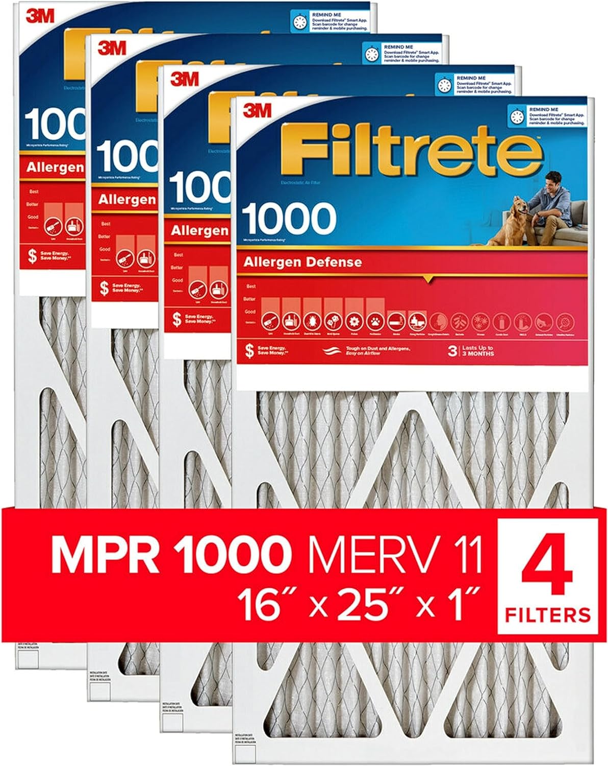 Filtrete 16x25x1 Air Filter, MPR 1000, MERV 11, Micro Allergen Defense 3-Month Pleated 1-Inch Air Filters, 4 Filters