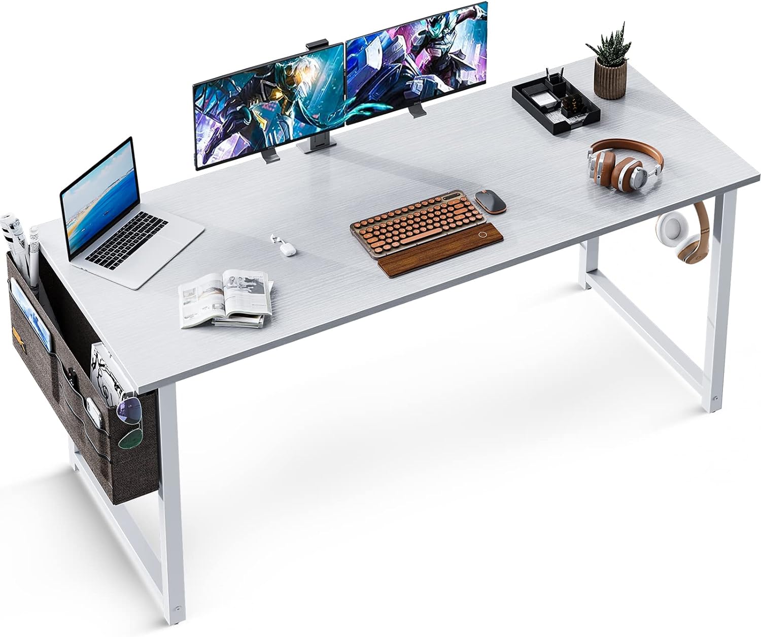 ODK Computer Writing Desk 55 inch, Sturdy Home Office Table, Work Desk with A Storage Bag and Headphone Hook, White + White Leg