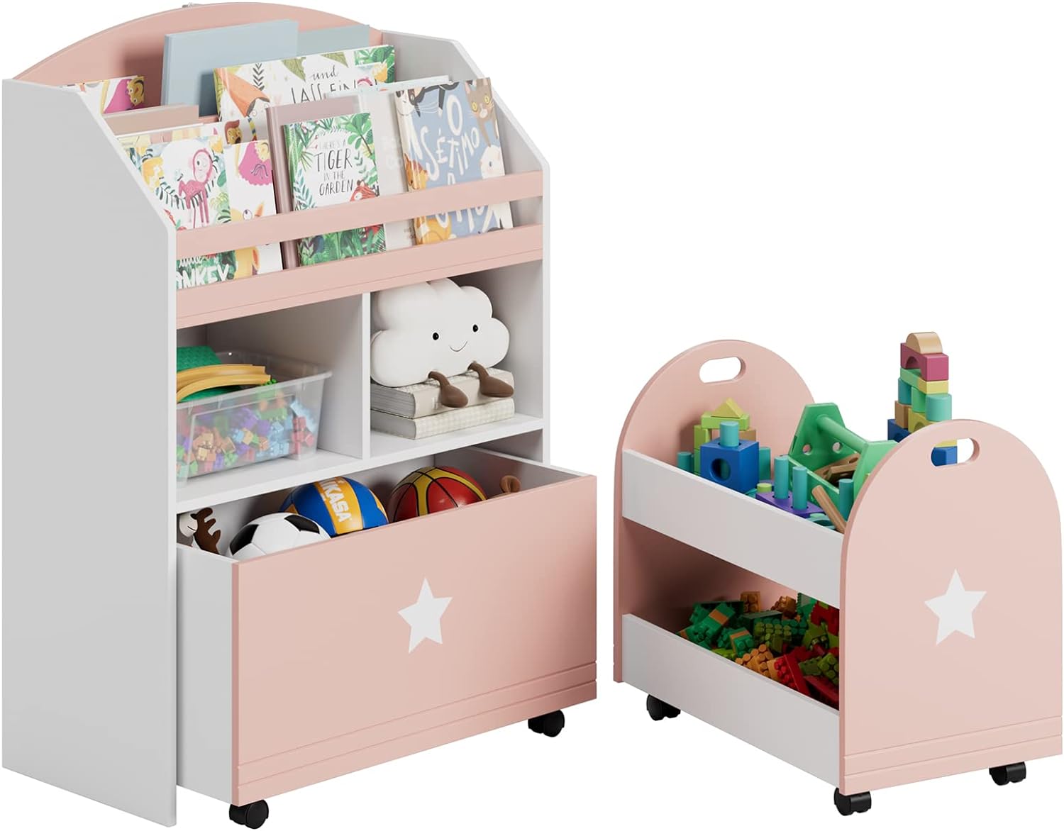 FOTOSOK Kids Bookshelf with Drawers, Toy Storage Organizer with Rolling Carts for Playroom Nursery Room Bedroom, Pink and White