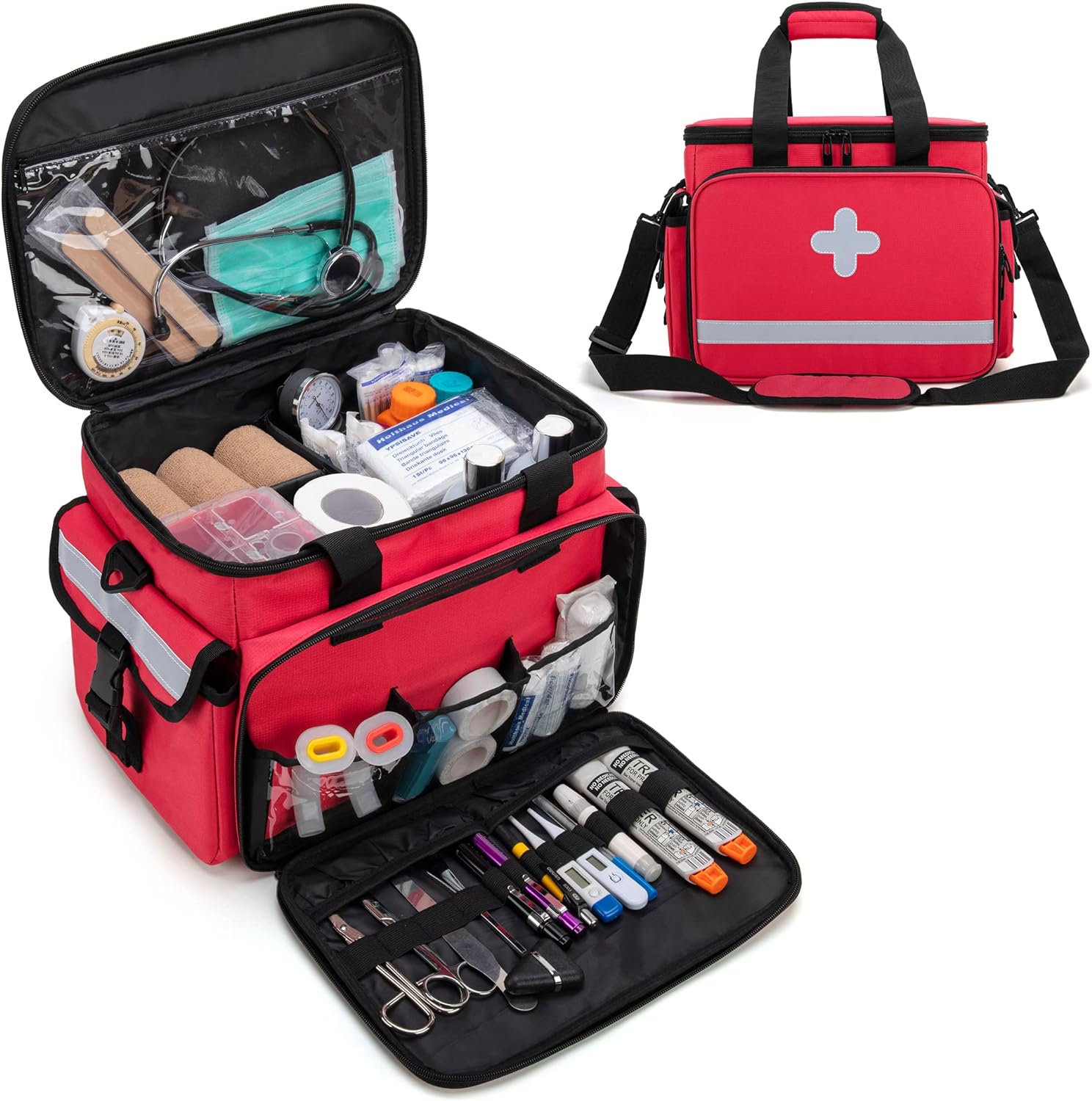 CURMIO Medical Bag, Empty First Aid Bag with Dividers for Home Health Care and Emergency Supplies, Red (Empty Bag Only)