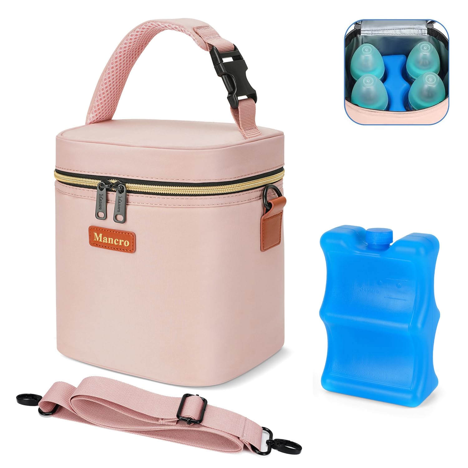 Mancro Baby Bottle Bag for Breastmilk, Breast Milk Cooler Bag with Ice Pack Fits 4 Milk Bottles Up to 9 Ounce with Adjustable Shoulder Strap, Lnsulation Breast Milk Cooler Travel Gifts, Pink