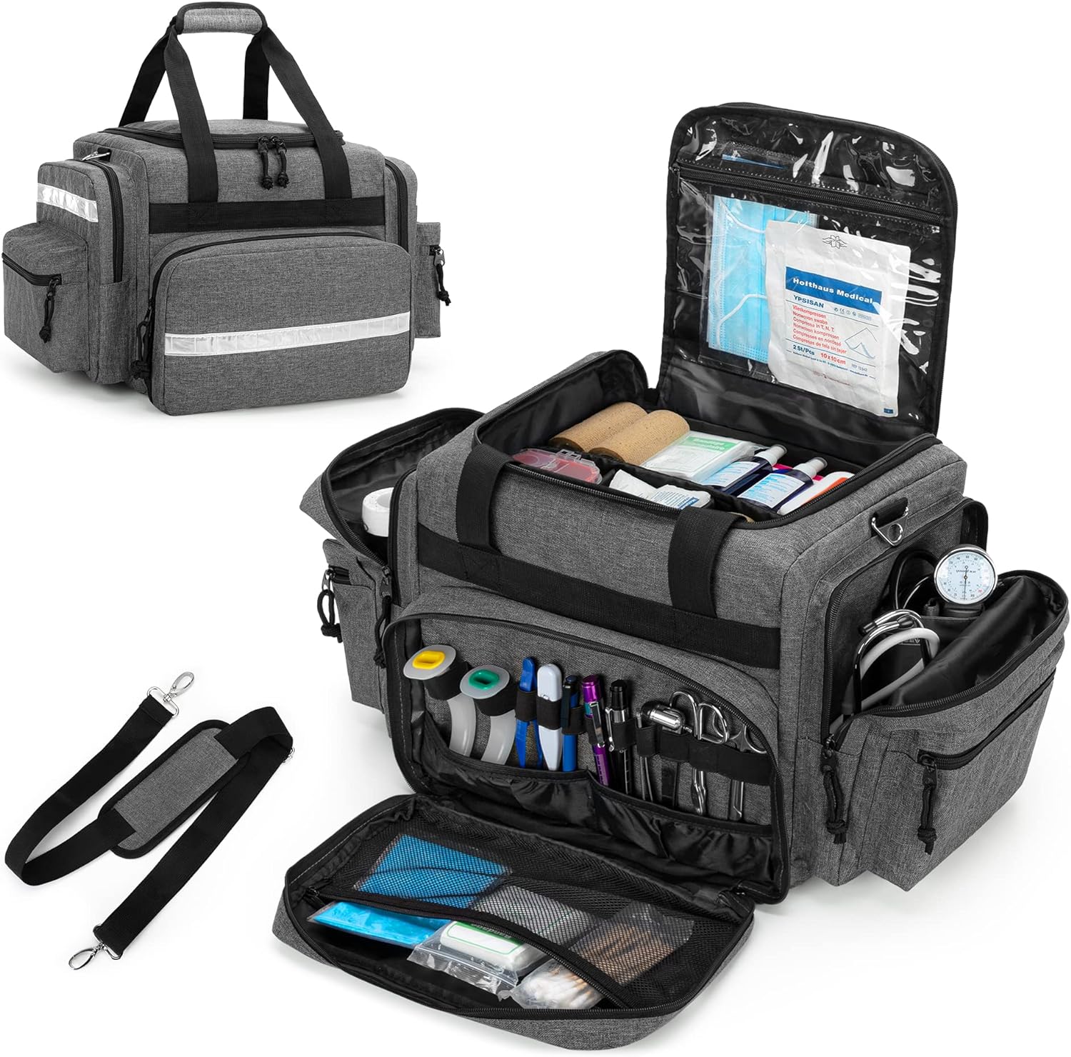 Damero Professional Medical Bag Empty, First Responder Trauma Bag with Detachable Dividers for Home Health Care, EMT, EMS, Gray(BAG ONLY)