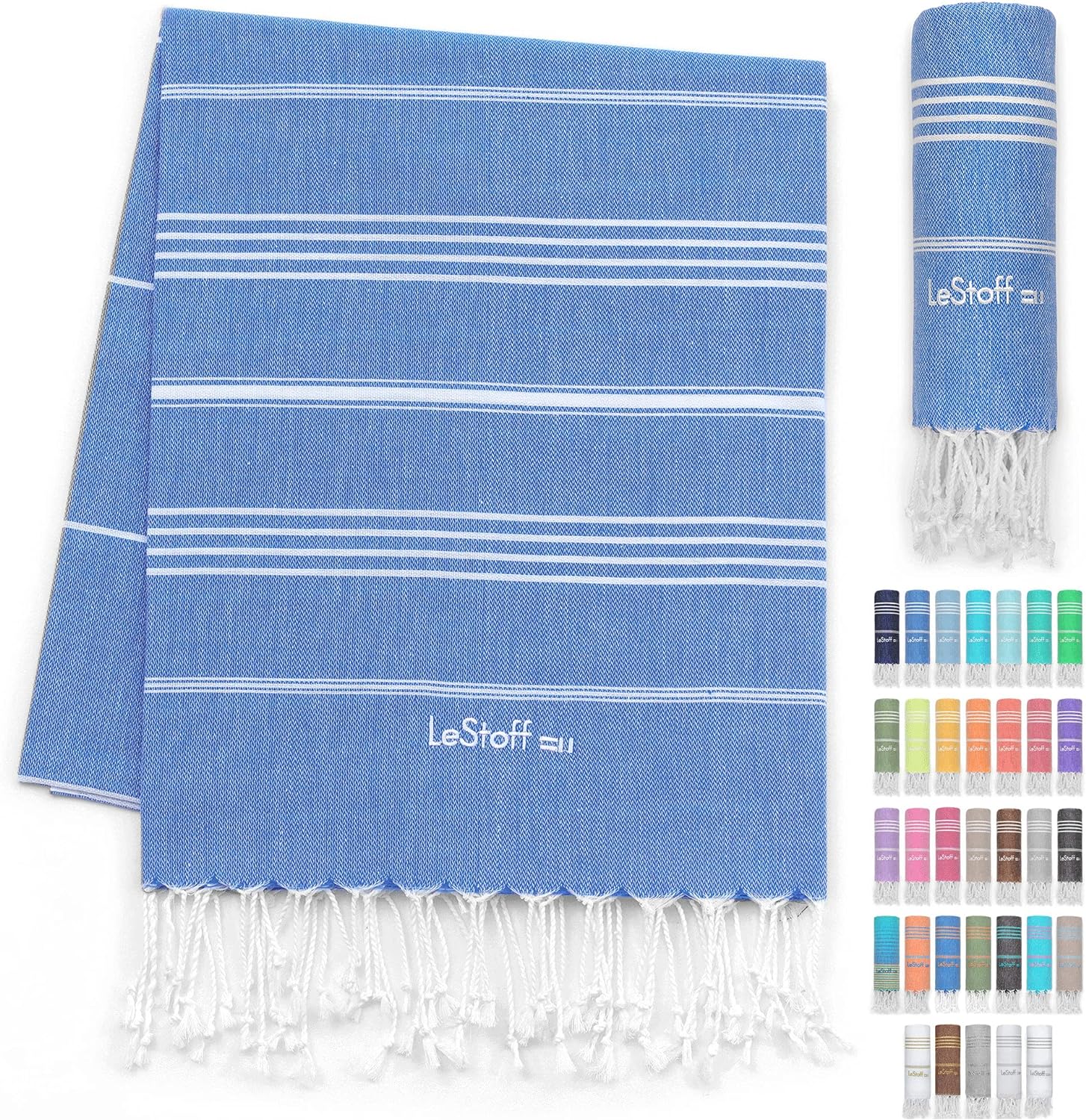 LeStoff Turkish Beach Towel 100% Organic Cotton Prewashed 38x71 Soft Highly Absorbent Quick Drying Beach Pool Bath Yoga Gym Sauna Travel SPA Eco-Friendly Blanket Fouta Peshtemal - (Sky Blue)