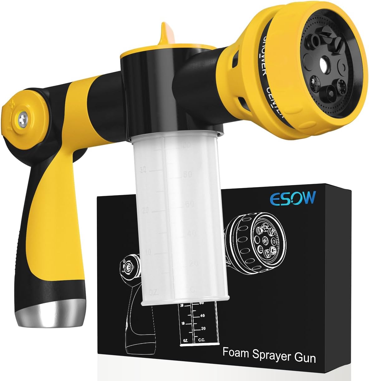 ESOW Garden Hose Nozzle, High Pressure Foam Sprayer Gun 8 Way Spray Pattern with 3.5oz/100cc Soap Dispenser Bottle, Snow Foam Gun for Car Wash, Watering Plants, Lawn, Patio, Yellow